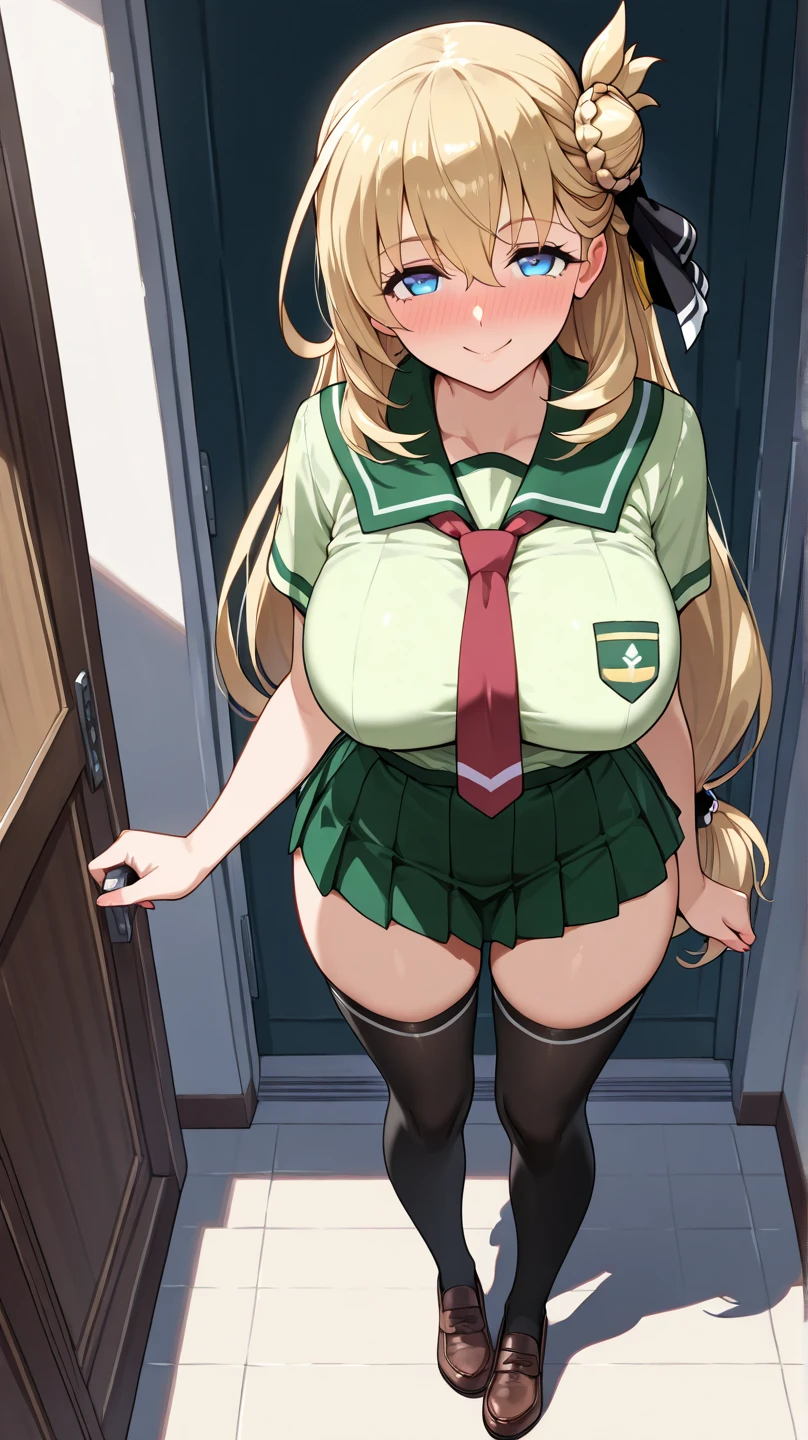 long Blond hair, body, big breasts, big ass, green eyes, sexy school clothings, skirt, tigh highs ,happy ,mischief, running