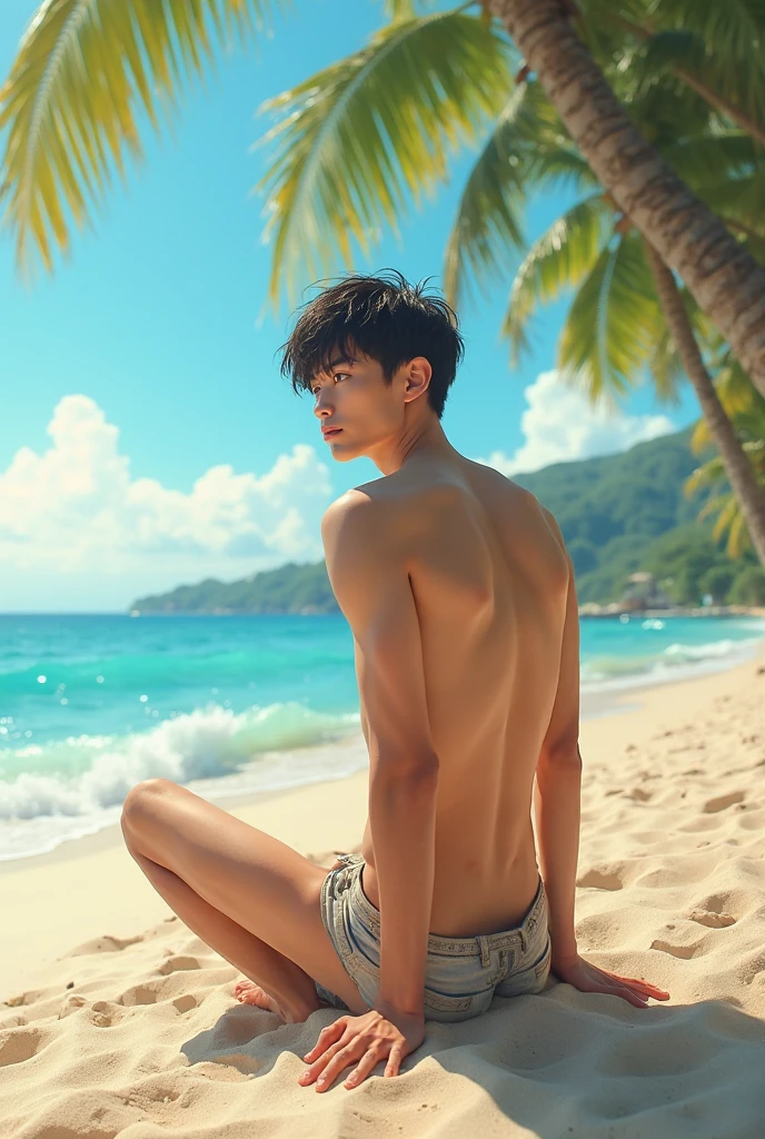 Create a 64k photo of a handsome Korean male teenager with sharp features, fair and smooth skin, a proportional physique, wearing a small, stylish Speedo swimsuit. The photo should be taken from behind, looking over the shoulder.