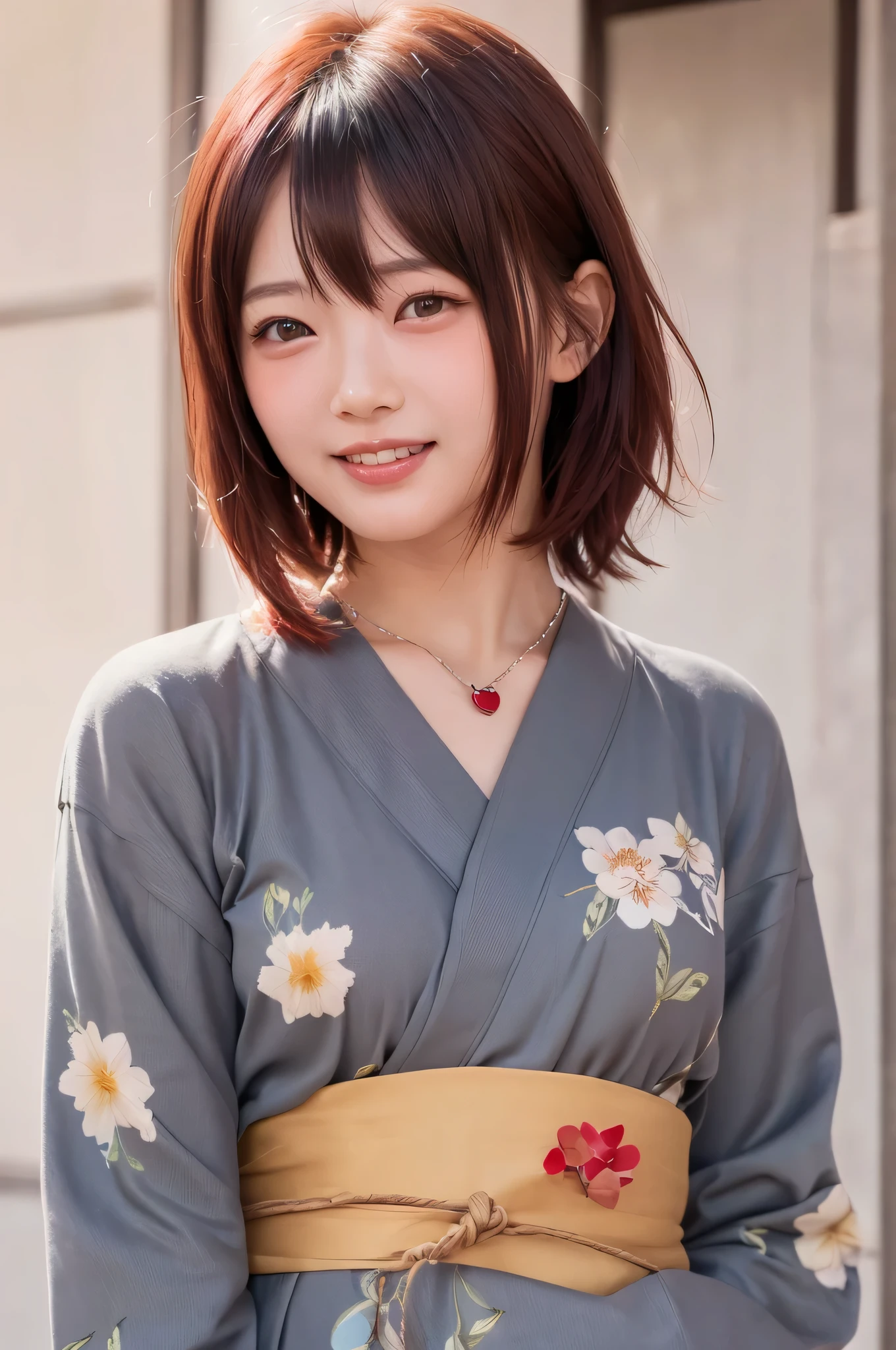 (top quality、8k、32K、masterpiece)、(realistic)、(realistic:1.2)、(high resolution)、very detailed、very pretty face and eyes、1 、round face、tight waist、Delicate Body、(close、top quality、attention to detail、rich skin details)、(top quality、8k、oil:1.2)、(realistic、realistic:1.37)、bright color、(((I have red hair)))、(((cowboy shot)))、(((short hair)))、(((happy expression)))、(((brown hair)))、((I'm in a gray yukata)))、(((I'm wearing a floral yukata)))、(((sweaty skin by SJRW)))、(((I have red hair)))、(((I'm wearing a floral yukata)))、(((I have bangs)))、(((HEART NECKLACE)))、(((I'm stroking my cheek)))、(((I'm in the frame)))、(((laughing)))、(((I can see my teeth )))