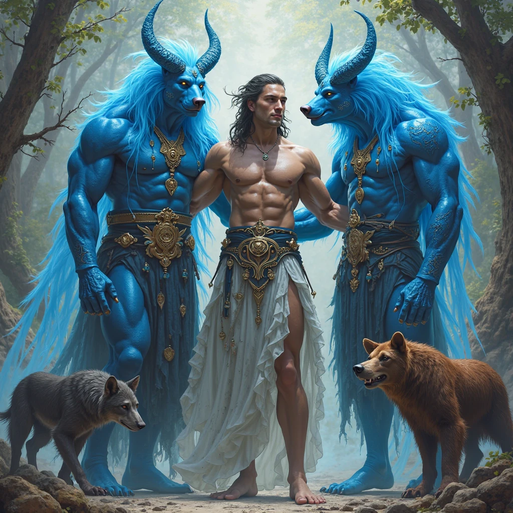 (masterpiece:1.2), extremely intricate details, ff14style, dynamic painting, solo full portrait, solo male, conjoined, conjoinment, dicephalic dapapagus twin anatomy, two separate heads in one body; left head is human head, right head is anthropomorphic wolf head, muscular, background of a bustling city with a majestic bridge spanning wide rivers, surrounded by towering giant trees. The vast landscape bursts with vivid colors