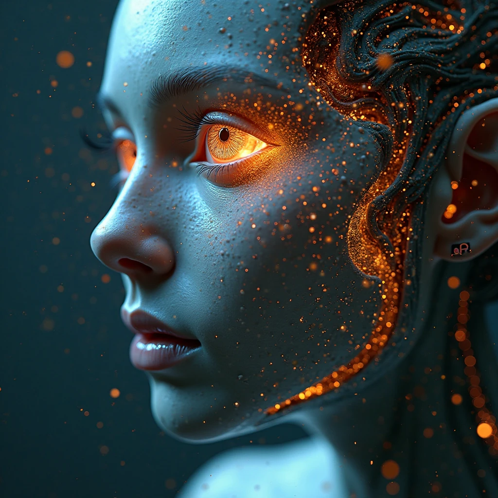 fire as part of human face, front facing,front side, subsurface scat, translucent, bloom, Bioluminescent liquid,3d style,cyborg style, warm color, vibrant, volumetric light