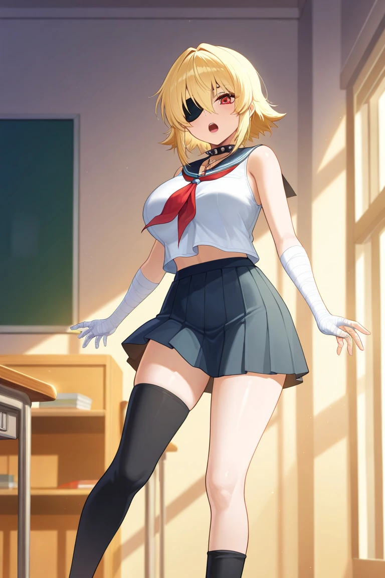 Yaoyorozu Momo fused with himiko toga, himiko toga combined with Yaoyorozu Momo, (((fusion))), (((1girl))), ((((solo)))), ((female focus)), ((solo female)), wide hips, thick thighs, huge breasts, tight clothing, yaoyorozu momo, long hair, bangs, ponytail, (black eyes), high ponytail, wide ponytail, navel, (cleavage), bare shoulders, belt, leotard, bare arms, center opening, red leotard, beltskirt, himiko toga, bangs, (blonde hair), blunt bangs, hair bun, double bun, messy hair, skirt, long sleeves, , pleated skirt, shoes, (serafuku), socks, sailor collar, blue skirt, neckerchief, (kneehighs), titjob,brown footwear, (cardigan), black socks, loafers, red neckerchief, yellow cardigan,