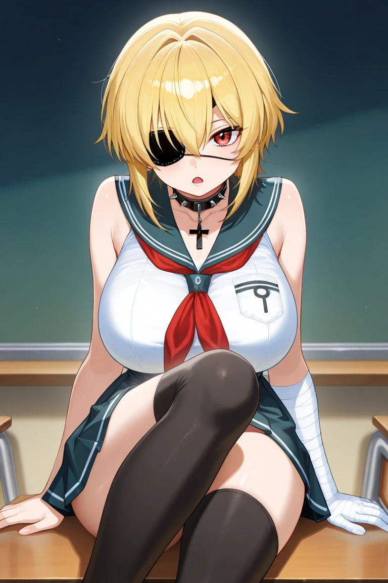 score_9, score_8_up, score_7_up, score_6_up, uncensored, zeta, animal ears, purple eyes, blonde hair, short hair, BREAK (masterpiece:1.2), best quality, high resolution, (detailed eyes:1.3), perfect lighting, (perfect hands, perfect anatomy), large breasts, hearts, pleasured, 1girl, tail, piercing, breasts, black_gloves, gloves, navel, rating:questionable, looking_at_viewer, solo, skirt, pasties, standing, school_uniform, serafuku, thighhighs, parted_lips, revealing_clothes, short_sleeves, pleated_skirt, skirt lift, fundoshi, excessive pubic hair peek, seductive smile, sweating,