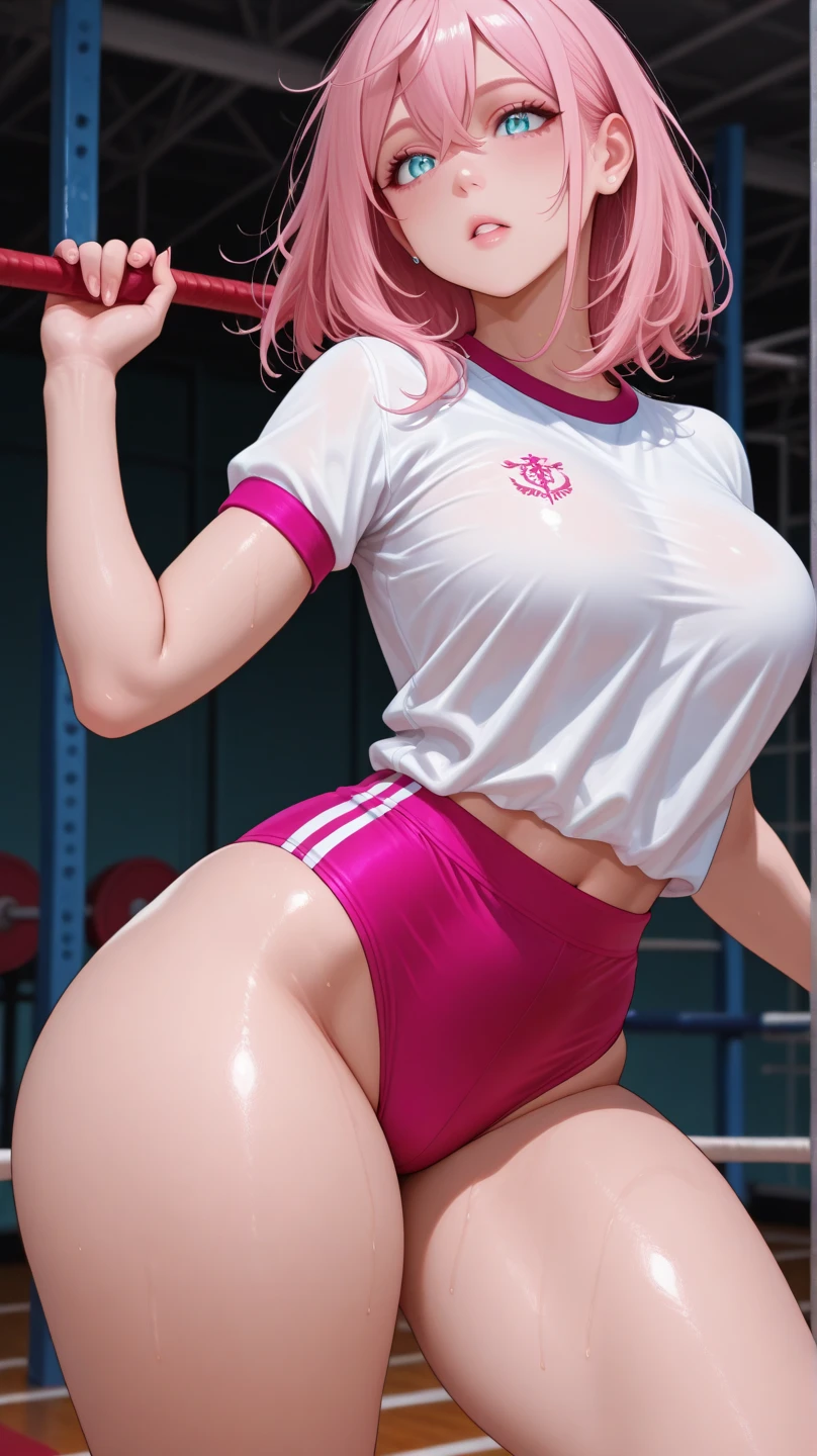 ​masterpiece, top-quality, realisitic, The ultra-detailliert, (Glossy skin, full of sweat:1.4), absurderes, slender, B86,W58,H85, Look at viewers, 1girl in, track uniforms, White Sports Bra, White Racing Bloomers, white sneakers, Pink hair, extra very short hair, nakagawa kanon, (thighs thighs thighs thighs:0.6), hight resolution, detailed eyes, sharp pupils, open mouth, tongue out, saliva trail, rough breath, m-legs, perfect anatomia, arms behind back, rikujou, realistic pupils, sweat a lot in yellow, wide view, Body position: Standing, straight, symmetrical, barefoot, Lustful smile on face with red blush, face blush