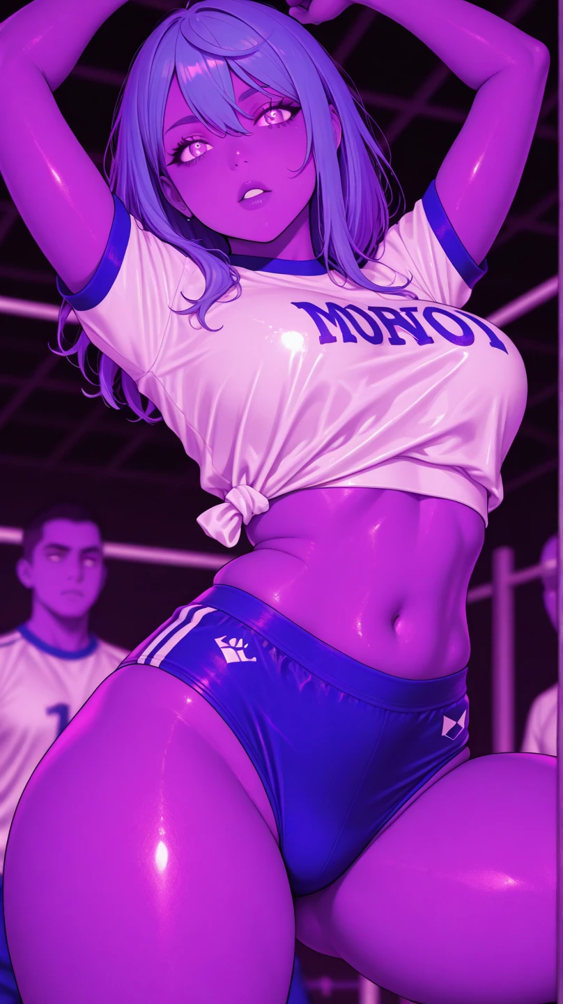 Painful expression。(a female athlete，Wearing a purple competition swimsuit，Picking the pussy with both hands，Pussy leaking，Wet crotch）。