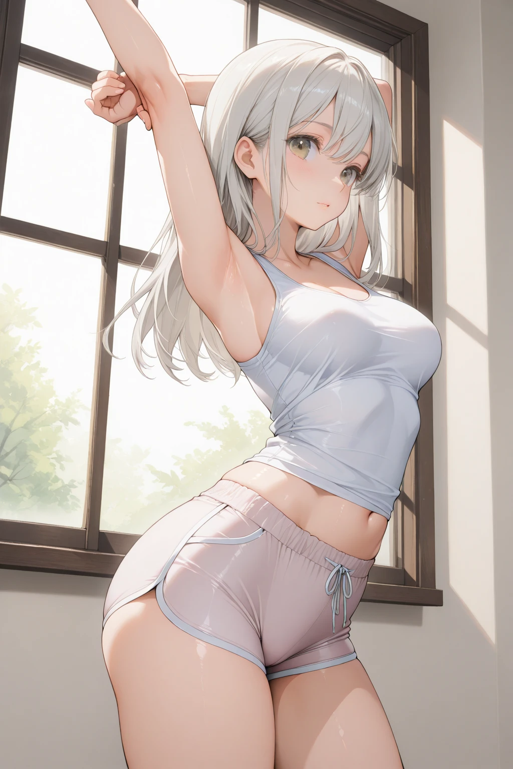 (Masterpiece, High Quality, High-Detailed, Detailed CG, Cinematic Lighting, Photorealistic Lighting, Beautiful Detailed Eyes, Ultra Resolution), (Full Body View), (Technologies NVIDIA RTX Ray Tracing), (Field of View), (Erotic Suggestiveness:1.0), (Underwear:1.5), (Black Color Underwear:1.5), (Erotic Underwear:1.0), NSFW, Five Finger, Silver Hair, Detailed Hair, on desk, Drenched in Sweat, Wet Body, Thigh, Black-Pantyhose, Pantyhose, Embarrassing Face, Robot and Machines Background