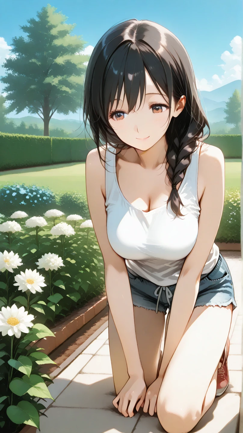 A girl in a garden,feeling the summer sunshine,with black hair,ponytail and wearing a miniskirt,standing with her legs apart,leaning forward,placing both hands on a hydrant. (best quality,4k,8k,highres,masterpiece:1.2),ultra-detailed,(realistic,photorealistic,photo-realistic:1.37),illustration,beautiful detailed eyes,beautiful detailed lips,extremely detailed eyes and face,long eyelashes, cheerful expression, vibrant colors,soft sunlight,Open-chested clothing