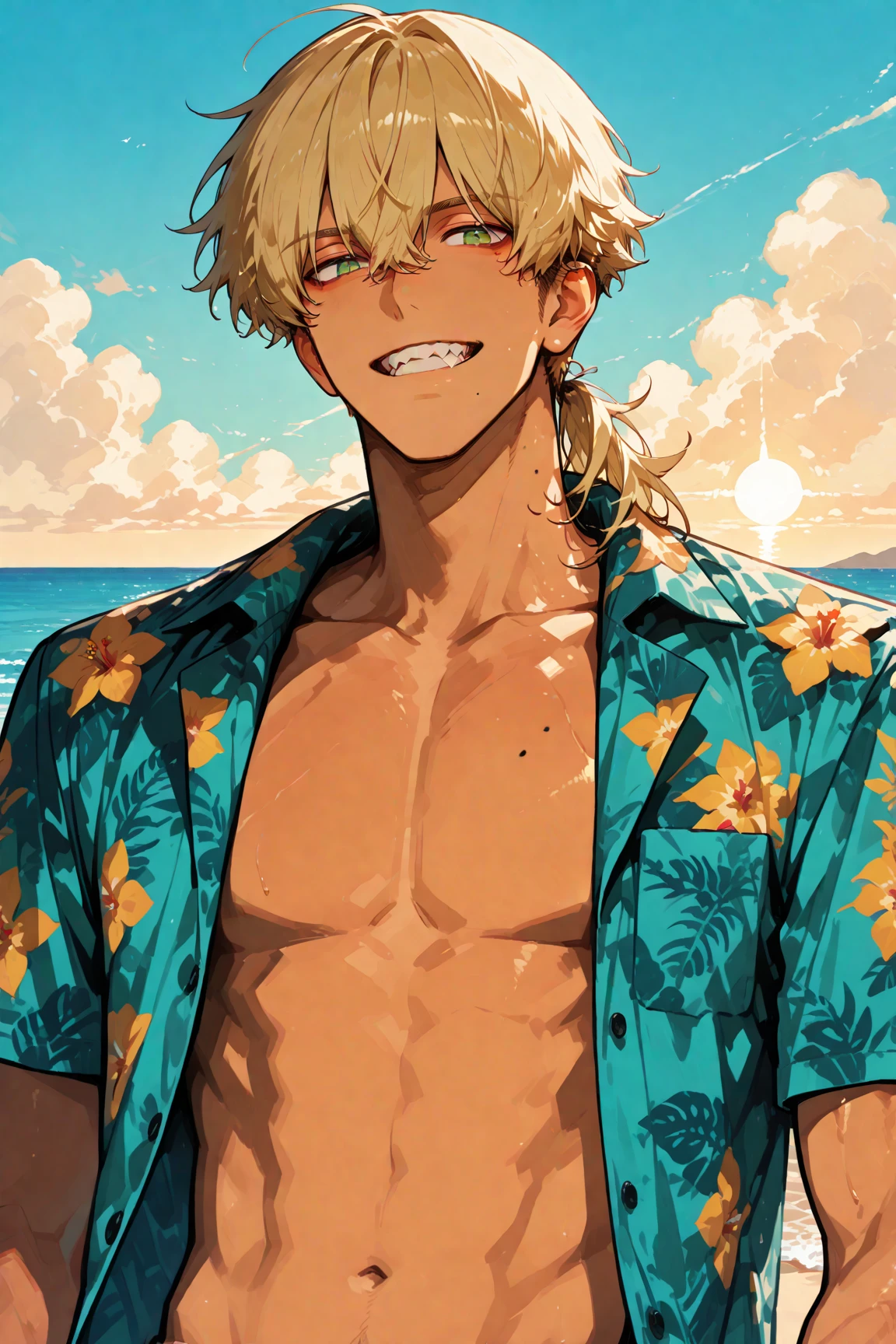 A muscular farmer boy, shirtless only in a jumpsuit and straw hat. Blonde hair, tan skin and smiling eyes, with a big radiant smile. 