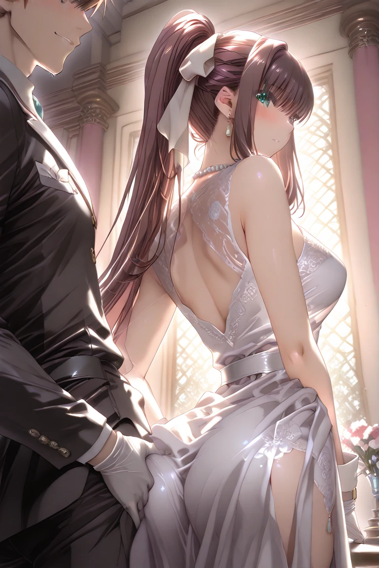 Masterpiece, best quality, super detailed, illustration, beautiful detailed eyes, close up, there is a boy and a girl in the room. It is a white slip dress with pink hair. The boy is black hair, black suit clothes pants. The girl crouched on the ground and the boy raised his hand