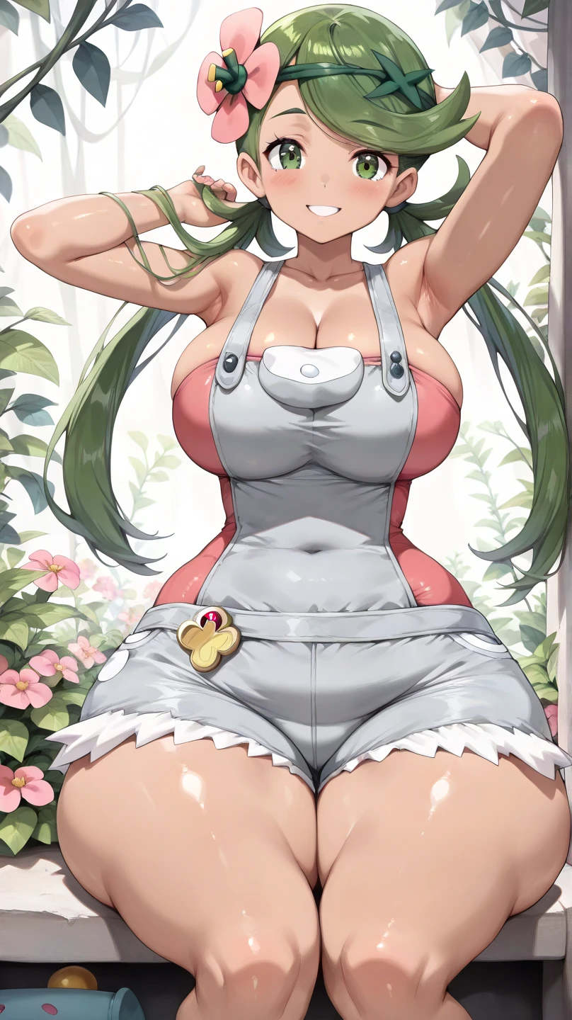 beautiful girl, grown-up looks, BEARK zodiac_mallow, green hair, dark skin, twin tails, grey overalls, trial badge, hairband, hair flower, green eyes, plump body, BREAK (she is trying to cover her body), (audience), ((nsfw)), partially nude, ((tits, nipples, pussy)), ((pubic hair)), shame, she is looking around nervously, (embarrassed, extremely embarrassed:1.2), (blush), (startled, wide-eyed:1.3), confused, (panic), nervous, turn pale, ((sweat drops)), (public), (shouting, wide opened mouth), humiliated, happening