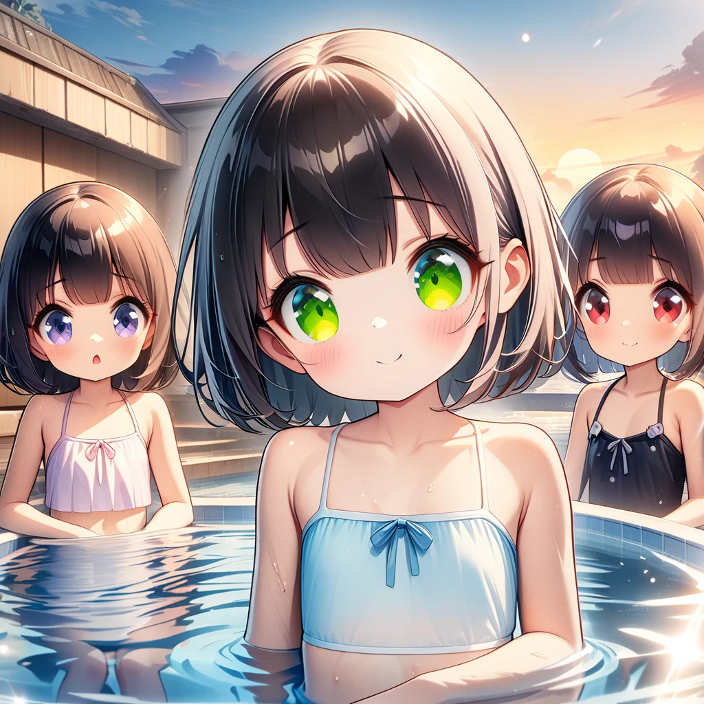 Natural hot springs,An open-air bath filled with lots of steam,(A large rock bath surrounded by rocks), A girl is up to her neck in large, deep water,Three Girls,(3 years old), Hair tied with rubber band, (child: 1 person) 1 (child: 3 years old半), Round face, (child: One and a half years old), (Baby Face: One and a half years old)), Great atmosphere, Black Hair,Tie short hair on head (Surface Effects, Color Effects)