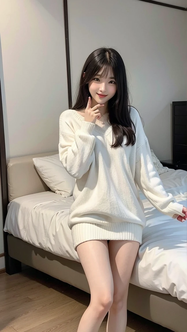 ((Thin long-sleeved knit,、No panties、thighs thighs thighs thighs:1.2))、Moe Sleeve、(realisitic、Photorealsitic、ultra-detailliert、Highest Details Skins、top-quality、masterpiece、超A high resolution)、Cute Japan Woman、20yr old、younggirl、I have bangs、二重まぶた、drooing eyes、Large black eyes、Japanese style face、Cute smile、Charming、purity、Straight face、double tooth、View here、Realistic skin type