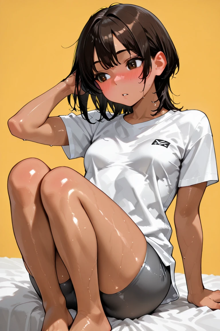 ((masterpiece,Highest quality:1.3,best quality illustration)),((realistic:1.2)),cowboy shot,独奏,1woman,18 year old beauty、black hair,short bob hair,(center parted bangs),black eyes,(gorgeous big eyes),((very small head:1.4)),Heavy breathing,drooling,((slender body:1.2,skinny)),(tan skin:1.4),small breasts,(White tank top、school gym red buruma),creampie,cum drip,gleaming skin,oily skin,slender body,sweat,kneeling,Athletics Stadium、In the shade、Tokyo、
