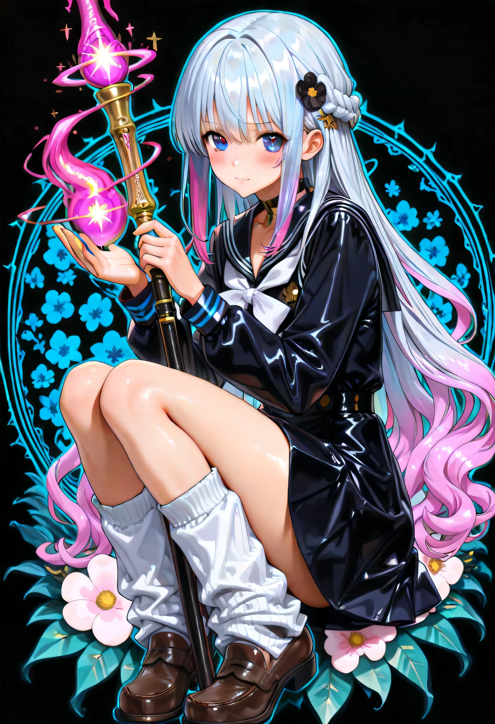 1girl,(((pretty face、face)))、(((best details、Best Composition、top quality、highest masterpiece、Super Detailed、High precision in selection、CG、HHD、32K)))、(((seven translucent hair colors)))、(((unique and only cute long hairstyle)))、(((simple black Japanese pattern background)))、(((Baroque)))、(((Height 2holding a large magic stick with both hands)))、(((cute and beautiful decorations with floral patterns are applied to the cane、A cute and beautiful decoration with a floral pattern is applied to the cane that shines in neon colors)))、(((sailor suit、loose socks、loafers)))、(((Bold neon color outline)))、