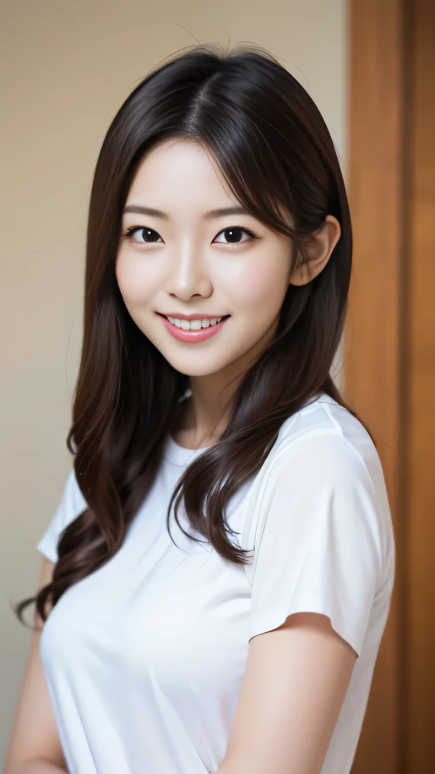 masterpiece,best quality,(Japanese ),((Beautiful girl)),cleavage,indoor,(perfect body beauty:1.2),(shy smile),beautiful teeth,