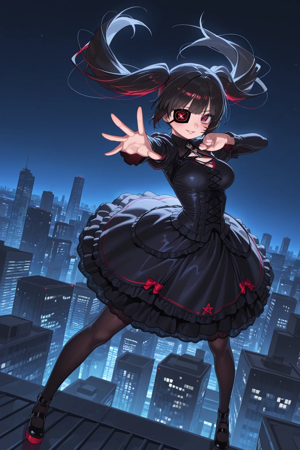 16k, score_9, score_8_up, score_7_up, source_anime, rating_safe, super detailed ,ighest quality, masterpiece, absurdres, dutch angle,
BREAK (skyscraper district, building rooftop, at night, night sky, backlighting:1.2, bloody moon), (wearing a cute gothic dress:1.4), pentagram eye patch,
(gloss black hair, long twin tails), medium , beautiful red eyes, details eyes, double eyelids on both eyes, lips with red rouge, full body,
BREAK (stylish way cross arms, arms up:0.8), (very shy, cool smile,parted lips), (show the back of right hand, hexagram emblem on the back of the right hand),
BREAK
sfw, (stylish action pose:1.5), dynamic angle, (Dynamic stance with legs stylish spread apart:1.3), (twist waist), from side, pan out