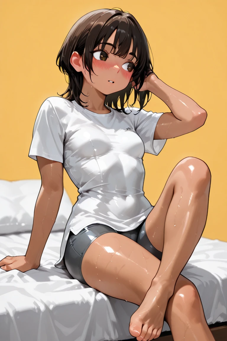 ((masterpiece,Highest quality:1.3,best quality illustration)),((realistic:1.2)),having clothed sex,cowboy shot,独奏,1woman,25 year old beauty、black hair,short bob hair,(center parted bangs),black eyes,(gorgeous big eyes),((very small head:1.4)),crying,((slender body:1.4,skinny)),(tan skin:1.4),small breasts,(White tank top、school gym red buruma),vaginal penis,gleaming skin,oily skin,slender body,sweat,spread legs,lying,locker room、Tokyo、