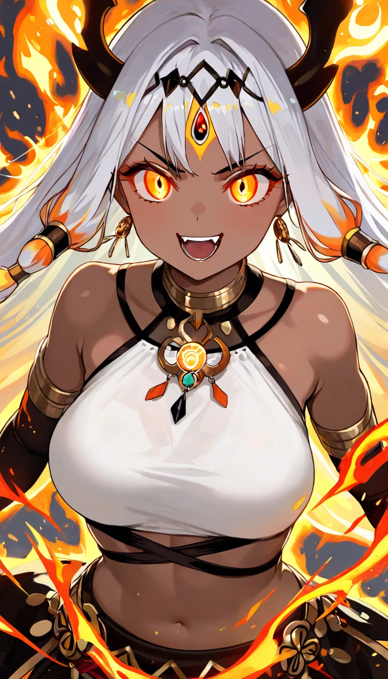 tan lines, black skin, huge breasts, Chinese dragon background, blond hair, curved hips, red eyes, leggings, glowing effect, warrior, fantasy, gold ornament