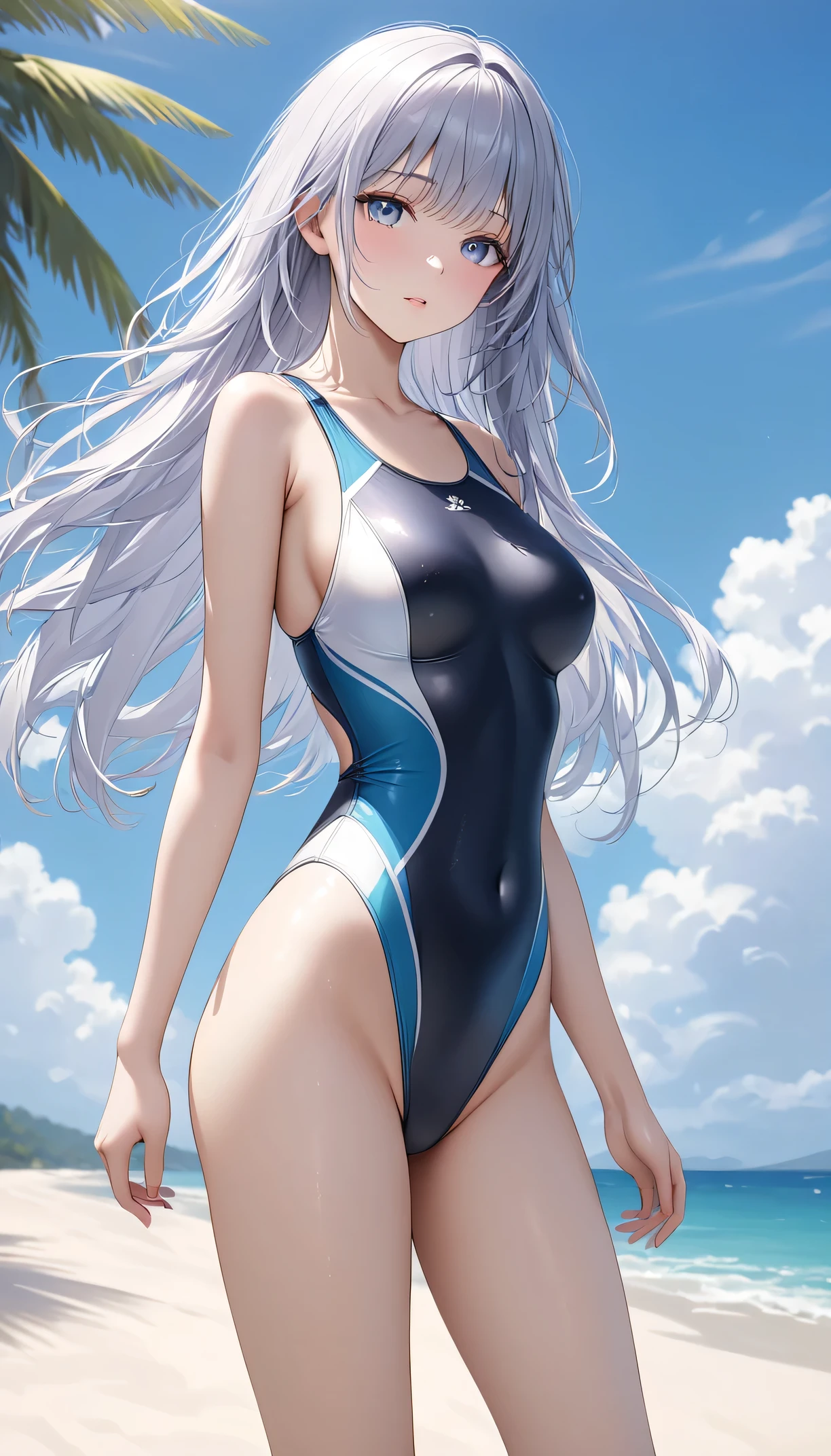 highest quality、Realistic、girl、zoom、Light blue eyes、Long Hair、Light blue swimsuit、Tanned black body、A well-trained body、muscle、Abdominal muscles、AthleteBlondeBlackSkin、slender、Sweat、Arms crossed、Large Breasts、Ocean、Bust Shot