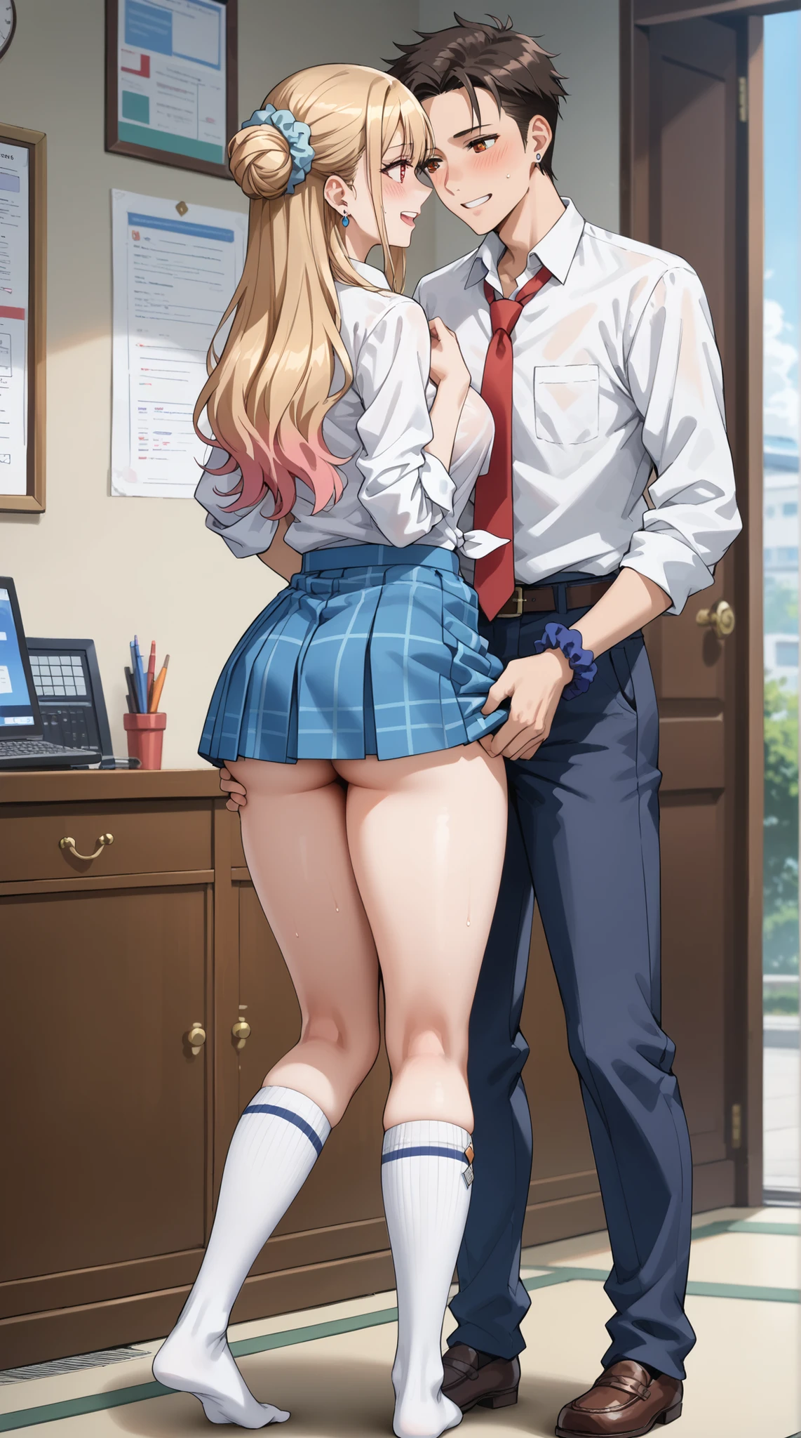 (best quality:1.6), (masterpiece:1.6), absurdres, 1boy, 1girl, female on tiptoes, tiptoesfuck, standing doggystyle, sex, nude, holding arm, petite, muscular male, from behind, indoors, realistic <lora:tiptoesv2:0.4>