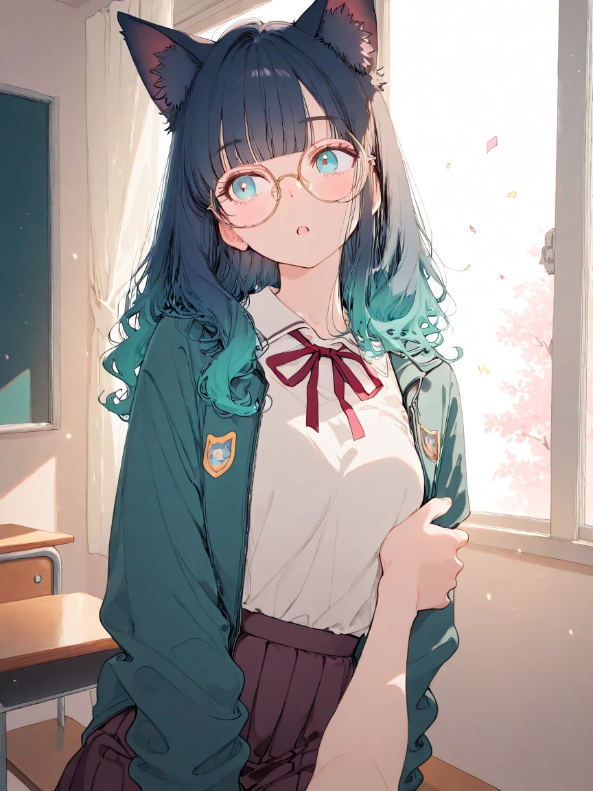 masterpiece, best quality, amazing quality, newest, absurdres, highres, newest,1girl, catgirl, solo, portrait composition, upper body, large round glasses, pastel purple wavy hair, bangs, soft curious expression, oversized blue-green hoodie (patches: symbols), fluffy cat ears, soft depth-of-field , dreamy atmosphere, whimsical pastel colors, pop surrealism, soft lighting, slight confetti particles, masterpiece, best quality, amazing quality, hyper-detailed, In a school classroom with desks and chairs scattered around, a tense moment unfolds as two teenage girls are caught in action. The girl on the right, with long, flowing light-brown hair, is fiercely swinging her arm towards the girl on the left. Her determined expression reveals the intensity of the confrontation. She wears a maroon school jacket over a white shirt paired with a dark short skirt. The motion of her swing causes her hair to fan out dramatically behind her. The other girl has long, dark blue hair, and appears startled, leaning back as she is struck. She is similarly dressed in a school uniform, mirroring the maroon jacket. The classroom setting is typical, with several students in the background reacting in shock. Sunlight streams through a window, casting an afternoon glow over the scene, emphasizing the chaotic energy of the moment. The atmosphere is charged, capturing the raw emotion and dramatic dynamics between the characters.
