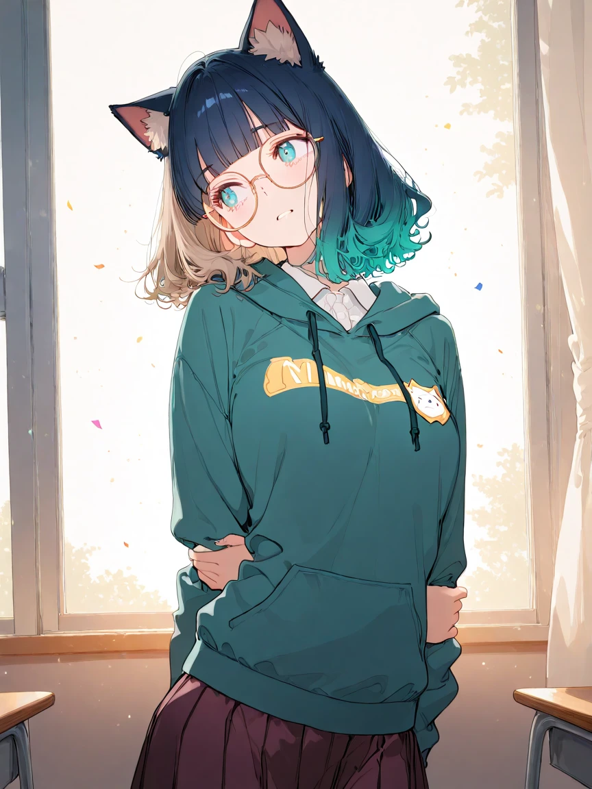 masterpiece, best quality, amazing quality, newest, absurdres, highres, newest,1girl, catgirl, solo, portrait composition, upper body, large round glasses, pastel purple wavy hair, bangs, soft curious expression, oversized blue-green hoodie (patches: symbols), fluffy cat ears, soft depth-of-field , dreamy atmosphere, whimsical pastel colors, pop surrealism, soft lighting, slight confetti particles, masterpiece, best quality, amazing quality, hyper-detailed, In a school classroom with desks and chairs scattered around, a tense moment unfolds as two teenage girls are caught in action. The girl on the right, with long, flowing light-brown hair, is fiercely swinging her arm towards the girl on the left. Her determined expression reveals the intensity of the confrontation. She wears a maroon school jacket over a white shirt paired with a dark short skirt. The motion of her swing causes her hair to fan out dramatically behind her. The other girl has long, dark blue hair, and appears startled, leaning back as she is struck. She is similarly dressed in a school uniform, mirroring the maroon jacket. The classroom setting is typical, with several students in the background reacting in shock. Sunlight streams through a window, casting an afternoon glow over the scene, emphasizing the chaotic energy of the moment. The atmosphere is charged, capturing the raw emotion and dramatic dynamics between the characters.