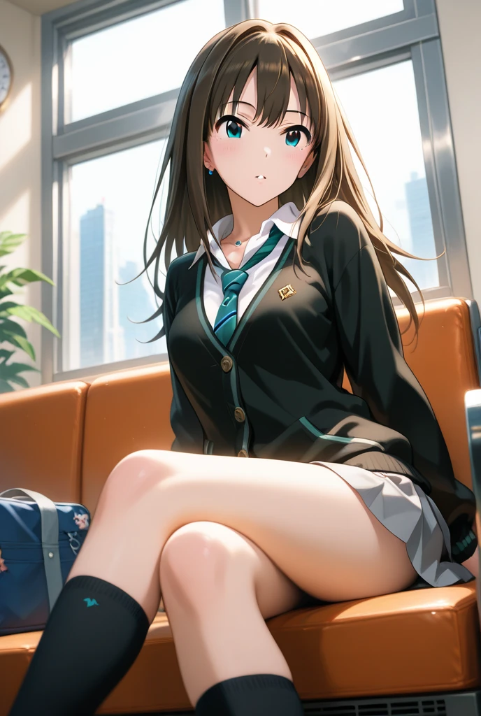 (Masterpiece), expressive eyes, perfect faces, 1 Girl, seductive smile smugly, school uniformss, miniskirt, ((Crossed legs)), good thief