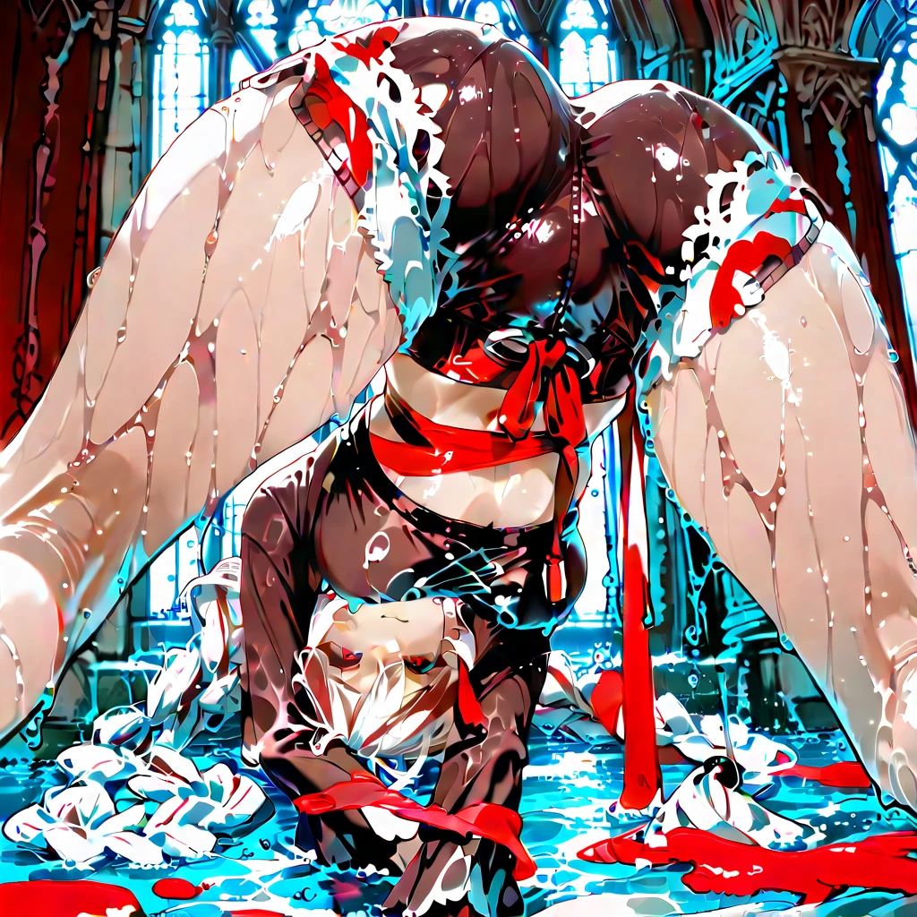 women, red head, night, (scrawny), (yelling), (eyes tightly closed), (crying glowing red tears), pigtails, white room, torn demonic bodysuit, glowing nipples, ((glowing ribcage)), ((drooling)), digitigrade legs, long furry tail, rope, whip scars, hanging from ceiling by legs, arms and legs bound tight by chains, anus, bent over, view from behind