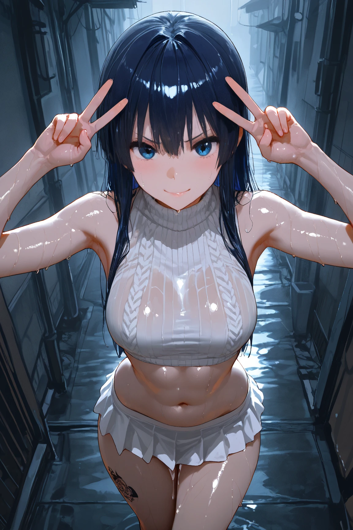 Action Scenes、(((masterpiece, highest quality:1.3,absurdres))),cowboy shot,18 year old beauty,solo,((very small head:1.4)),ponytail hair style,long hair,blunt bangs,black hair,glay eyes,Serious expression,blush,medium breasts,((very long body,slender body)),skinny,gleaming skin,shiny skin, ,(High leg white leotard、Short sleeve、Navy blue sailor collar、Red neckerchief、white_thighhighs、1Holding a Japanese sword in his hand), ,Fight monsters with a Japanese sword、Abandoned Factory、at night、