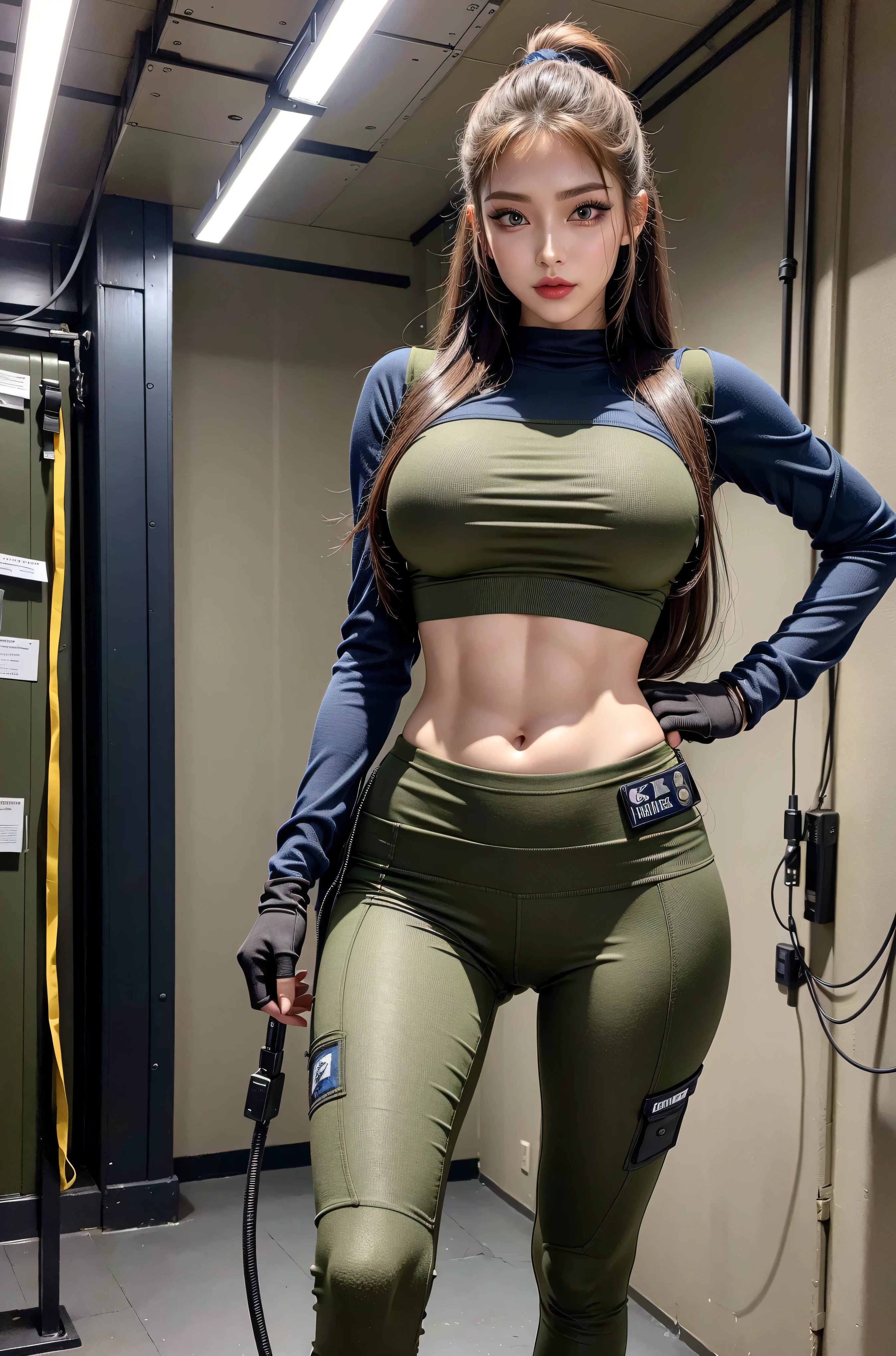 a girl,Super short chest-baring sweatshirt，Long sleeve，(bare midriff, exposed navel), sexy abs, navel open，completely exposed abdomen, hip-hugger，Low-rise hot pants，Exposing the entire abdomen，Expose the mermaid line, wet skin, wet, clothes, rain, metal belt, street, cinematic lighting, ray tracing, Fujicolor, anaglyph, Full body framing, high detail, Verism, UHD, masterpiece, anatomically correct, textured skin, super detail, high details, best quality, 4K