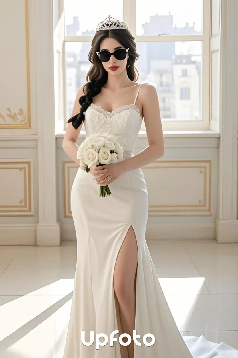 (highest quality,8K,1.1,超詳細なFull Body Shot),(Depth of subject 1.3),(Front body 1.5),Japanese,young woman,Beautiful woman,Black long hair,(((Cute face))),A beautiful white long-trace wedding dress that accentuates the cleavage and chest.,Wedding Veil,A large wedding bouquet placed to the side,(((Super busty beauty))),Cleavage,(((Gaze at the viewer))),(((Full Body Shot))),(((Sitting on a bed in a luxurious bedroom)))
