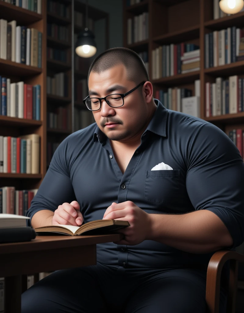 Fat, Chubby man in a brown coat, Shirtless , take off Shirt, Asian 40 year old, eye glasses, Working, Office room, Sitting on chair, books, cinematic composition, detailed facial features, realistic skin textures, high level of detail, 8k, cinematic lighting, photorealistic, Top view, Look up.