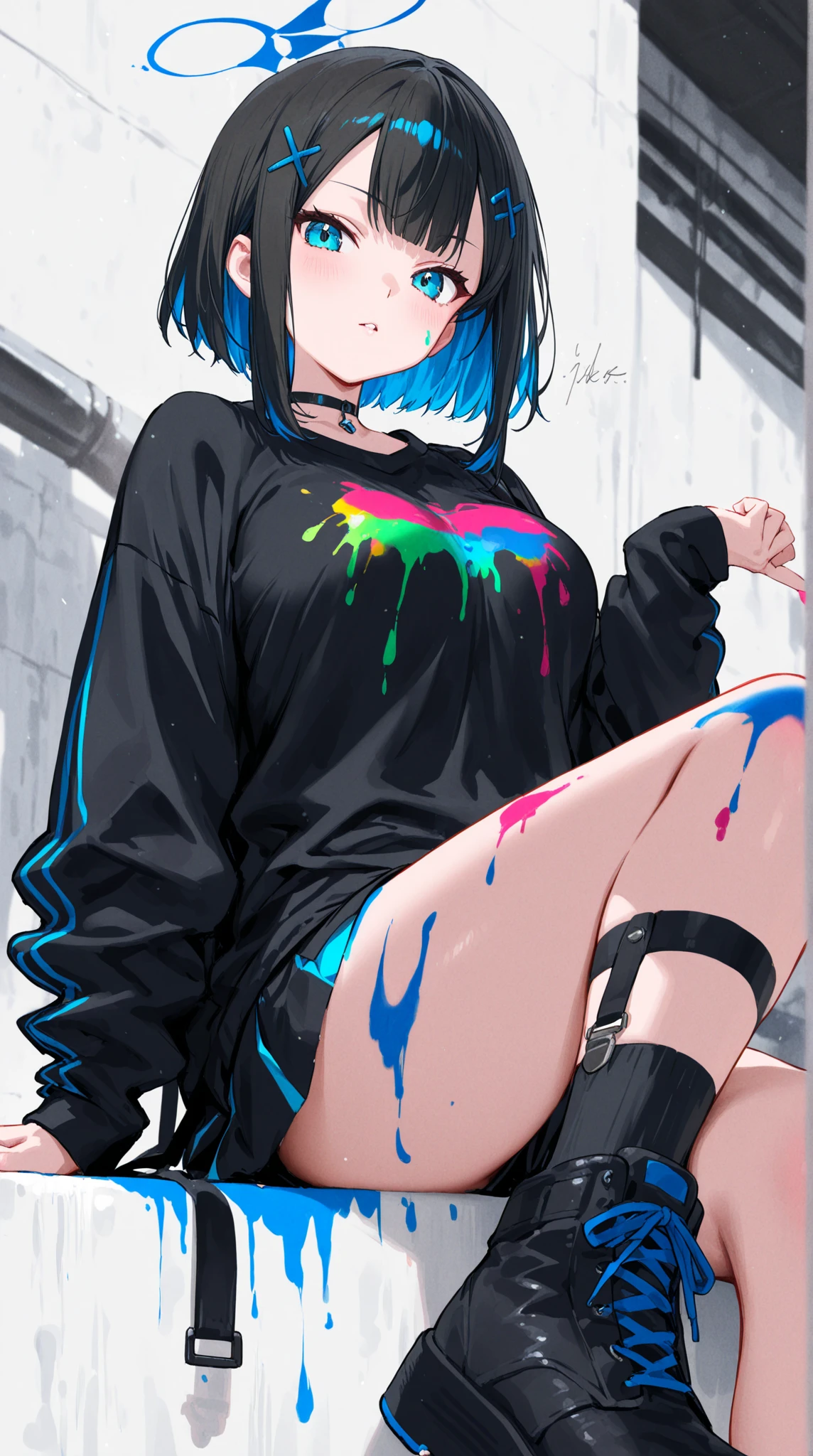 masterpiece, high quality, highres, absurdres, ultra-detailed, 8k, 1girl, platinum grey hair, blue hair, multicolored hair, gradient hair, looking at viewer, colorful eyes, (pink and white panties), (ultra-small panties), colorful hoodie, (plain panties) , (unadorned panties), full body shot, ((angle from below)), (graffiti murals wall background:1.15), brilliant colorful paintings, bloom, portrait, cross hair ornament, against wall, bangs, shadow, reflection