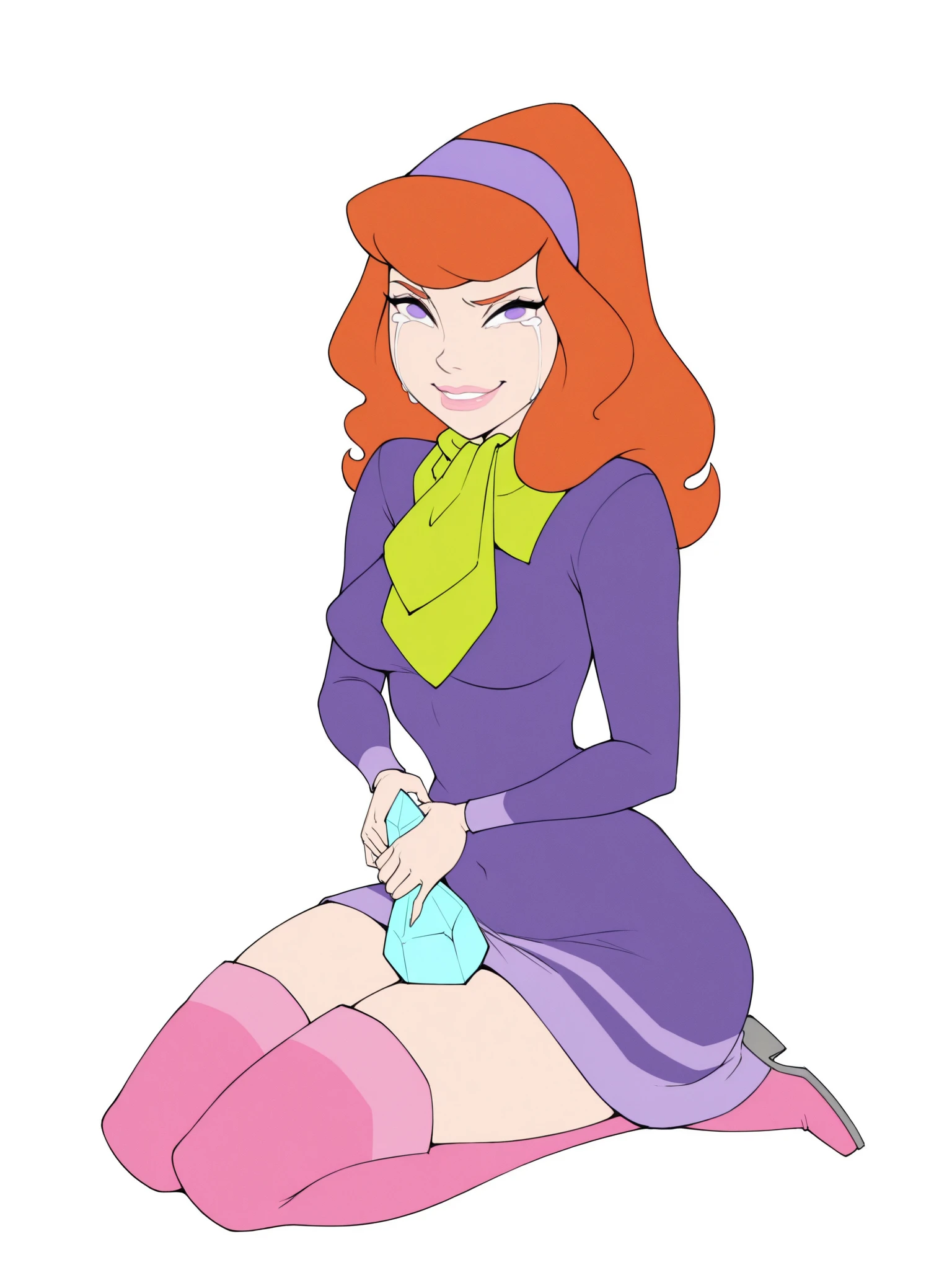sam, totally spies, sitting, crossed legs, inside a toilet stall, skirt, bare shoulders, green eyes, orange hair, gloryhole, hairy penis, foreskin, blowjob, double handjob