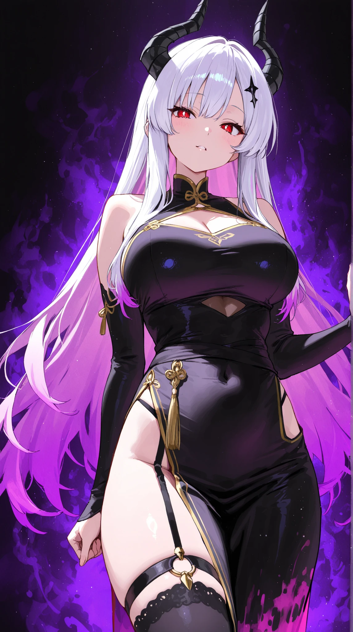 Women, medusa, (feudal middle ages:1.1), slavic appearance, (long straight purple gradient hair red pro), (Red eyes), (strong expression look), purple lipstick, White skin, (Black gothic clothing with red details.:1.1), yellow scales on hands, cinematic lighting, mystical atmosphere, dynamic focus, ultra reality, ultra realistic, Ultra quality, real, real texture:1.1, realistic clothes:1.1, crazy 8k, absurd,