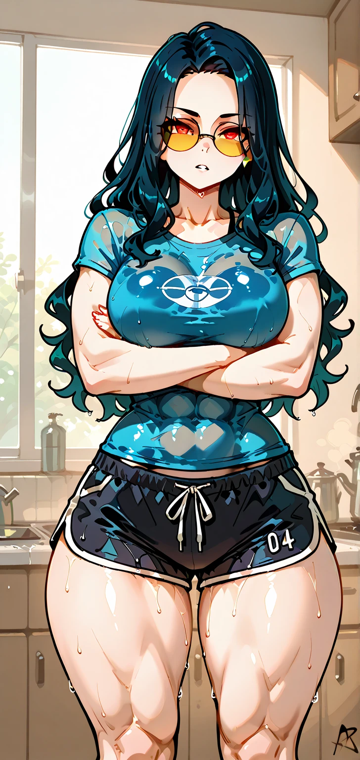 (masterpiece), best quality, (warm color), (warm lighting), expressive eyes, beautiful elegant face, drunk expression, ((Sakurajima Mai)), black hair, bangs, long hair, blue eyes, hairclips, bunny hairclip, playboy bunny ears, huge round breasts, 1 girl, looking at viewer, in bedroom, warm skin tone, solo, blushing, sensual pose, sports bra, sports shorts, transparent clothing, wet clothing, hourglass figure, smug expression, cleavage, small perky nipples, muscular shoulders, muscular arms, excessive cum all over body, excessive cum on her breasts, (cum on her face), long thick strands of cum, (fit body:0.60), (defined midriff:0.68), (narrow waist:0.1), abs