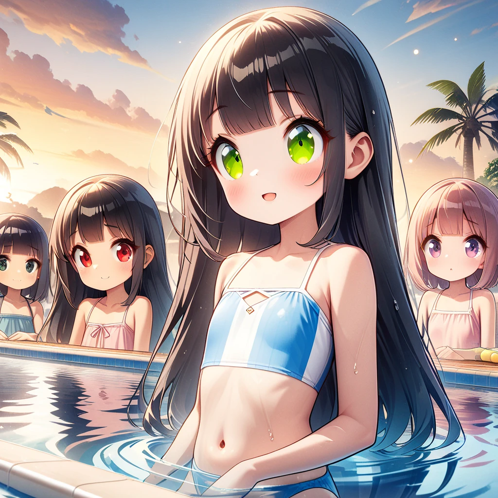 ( 3 girls), smile、Look into the camera、beautiful girlหน้าเด็กวัยใส、((((((10 years old)))))) diamond necklace、braided hair, Wear a jeans skirt.,Random color tank top:1.2. Revealing the upper arm、Extra long twin tail feathers、Flower Hair Ornaments、 Masterpiece, Highest quality, 8ก, beautiful girl, young face、 photography, Cute face, thigh,Sitting on a rock in a lotus pond,、รอยsmile、small waist, blue eyes(((The chest is erect...)))(((round chest)))(((big breasts:1.1)))( 3 girls)