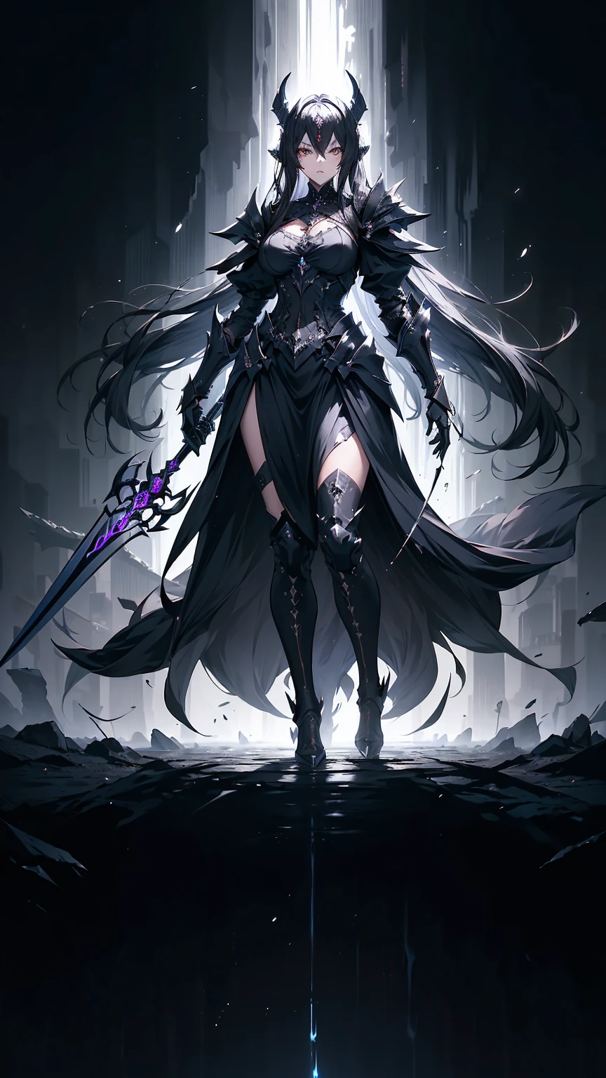 imagem arafada de uma personagem feminina com uma espada e uma luz roxa, da linhagem 2, elfo negro, lineage revolution style 2, elfo negro maiden, sharp silver armor fuchsia skin, dressed in ethereal battle armor, armadura refletida de cor de fogo preto, linda necromante, paladino sombrio, ingame image, Cavaleiro de Sangue, masterpiece, highest quality, (perfect face:1.1) , (high detail:1.1), dramatic, female triplets, breasts, white hair, red eyes, cleavage, long hair, curvy, large breasts, moon,([long hair hair]:1.8), (full body:1.8), (full-body standing image:1.8), (upper body up:0.3), (hyper realistic:1.4), (realistic:1.3), (best quality real texture skin),(HUGE breasts:1.5)