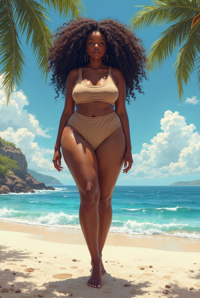 ONE GIRL. best quality, ultra-detailed, hyper realistic, 8k, full body shot, 23 years old, Nigerian beautiful girl, round shaped face, dark black skin, highly detailed skin with blemishes, ebony, dark natural afro hair, fit athletic figure, full body, big natural E cup breasts, big butt, wide hips, wearing a sexy bikini, cleavage, smiling, in a crowded beach, bikini bods