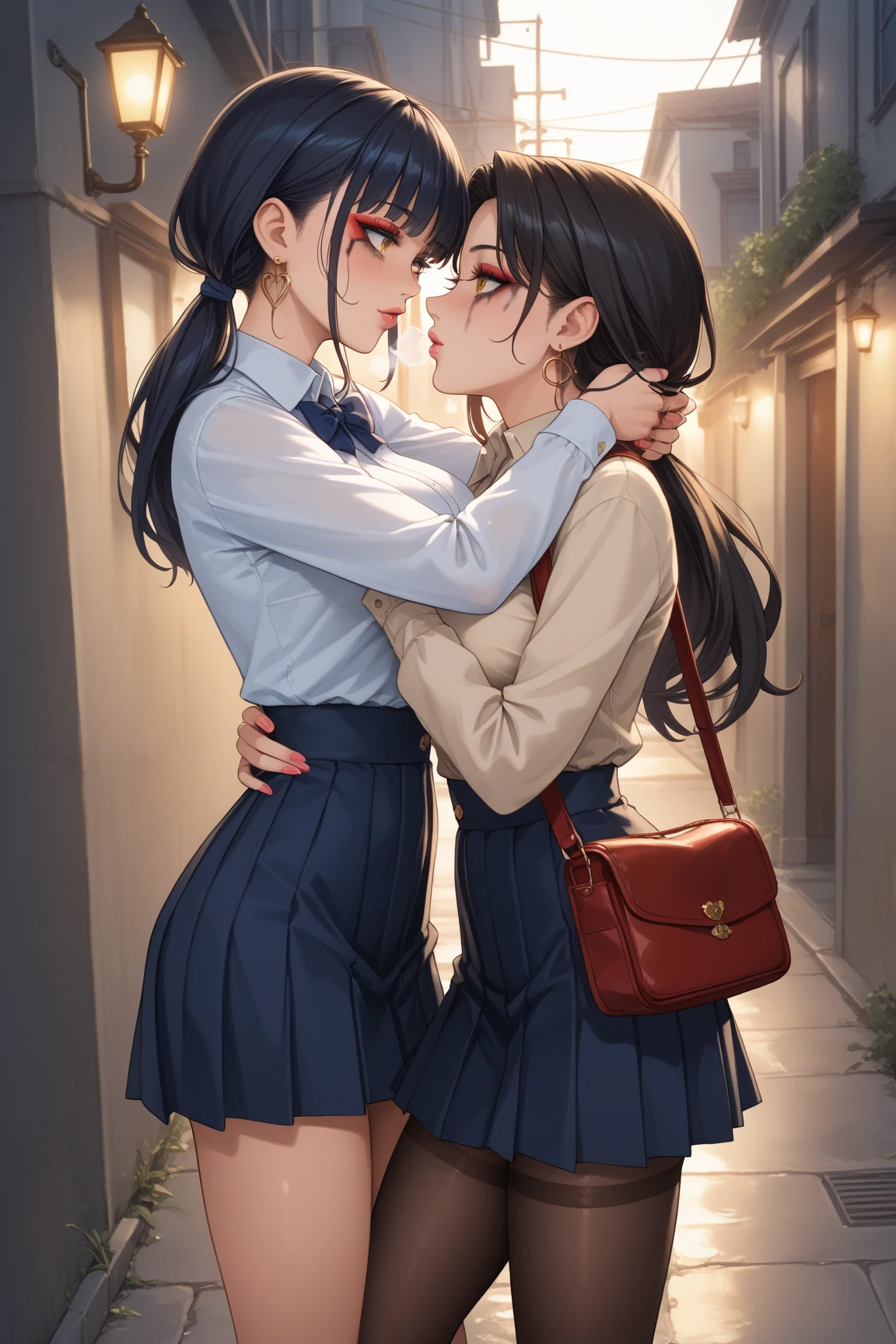(best quality:0.8) perfect anime illustration, a pretty, happy woman with long straight black hair and red glowing eyes on the street in the city, wearing a hoodie, skirt, and, happy man with short straitght brown hair and dark red eyes, face to face, kissing, kiss girlfriend, kissboyfriend, hetero couple kiss, romantic couple