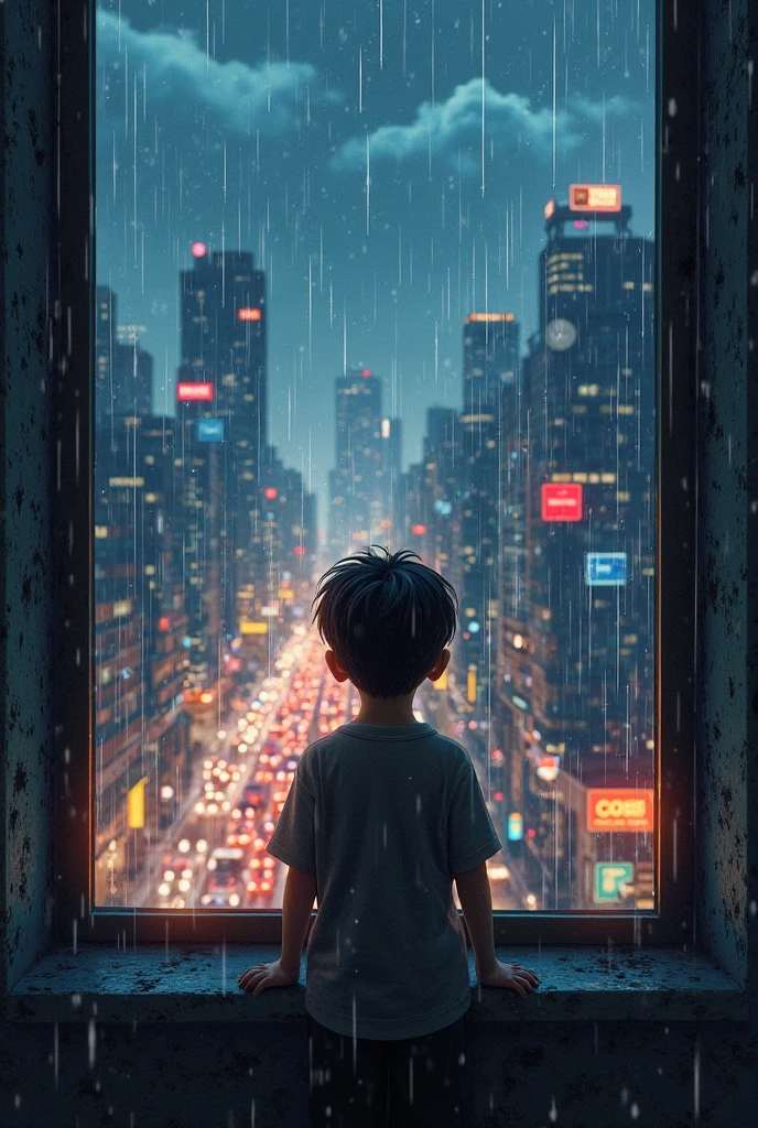 A boy with a hoodie and a yellow shirt, on top of a building seeing how big and full of light your city is, with rain and he without an umbrella, at night