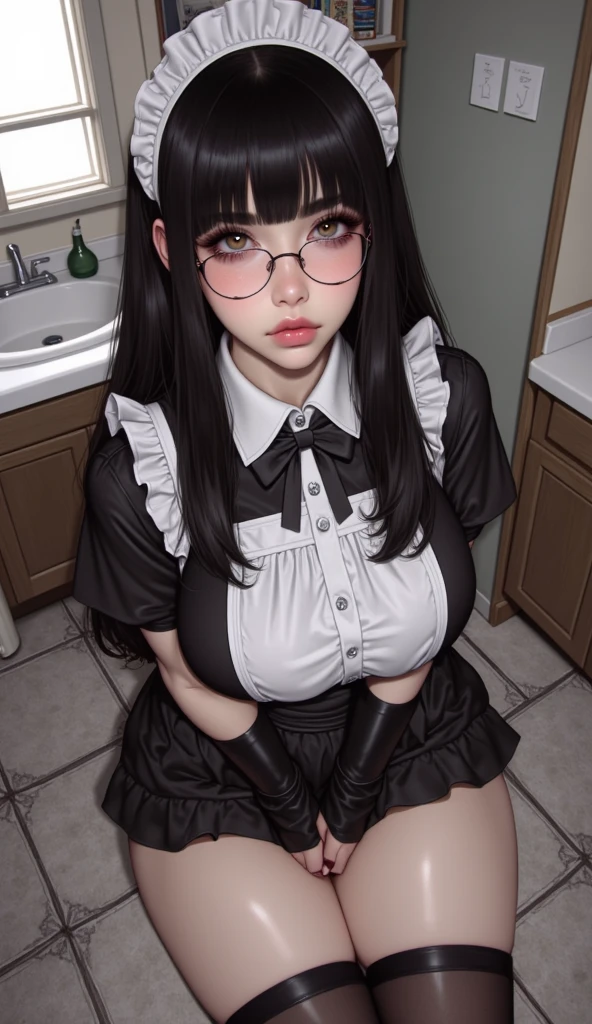 1 girl as yukino yukinoshita, absurdres, highres, solo, school uniform, big breasts, waist long black hair, (twintails:0.5), miniskirt, black thighhigh socks, loose red ribbon, unbuttoned white shirt, (ahegao:1.5), (rolling eyes:1.5), pov_doorway blush, looking_at_viewer