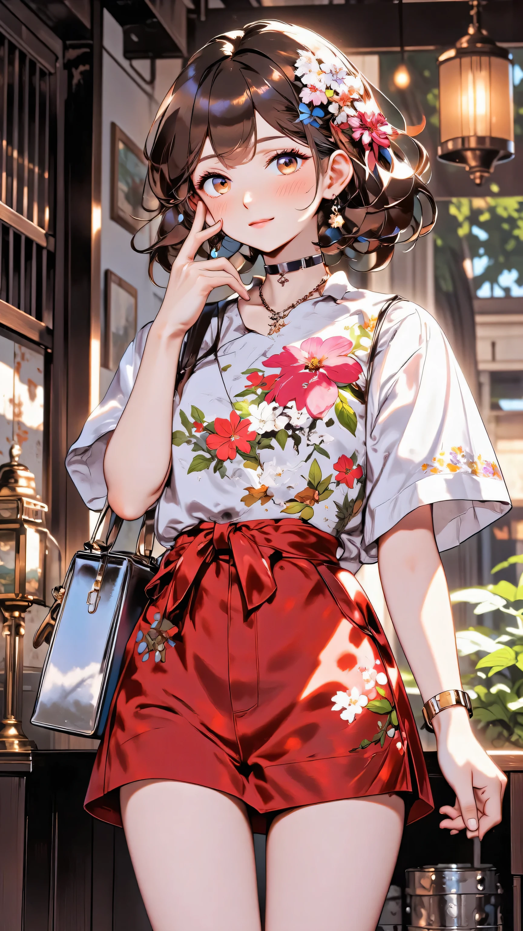 high resolution images in front of the teacher、Funny Women、Attractive Young Woman、flower hair ornament、Japanese Beauties、red short skirt、pink shirt、Disney resort in the background、with lots of souvenirs in hand