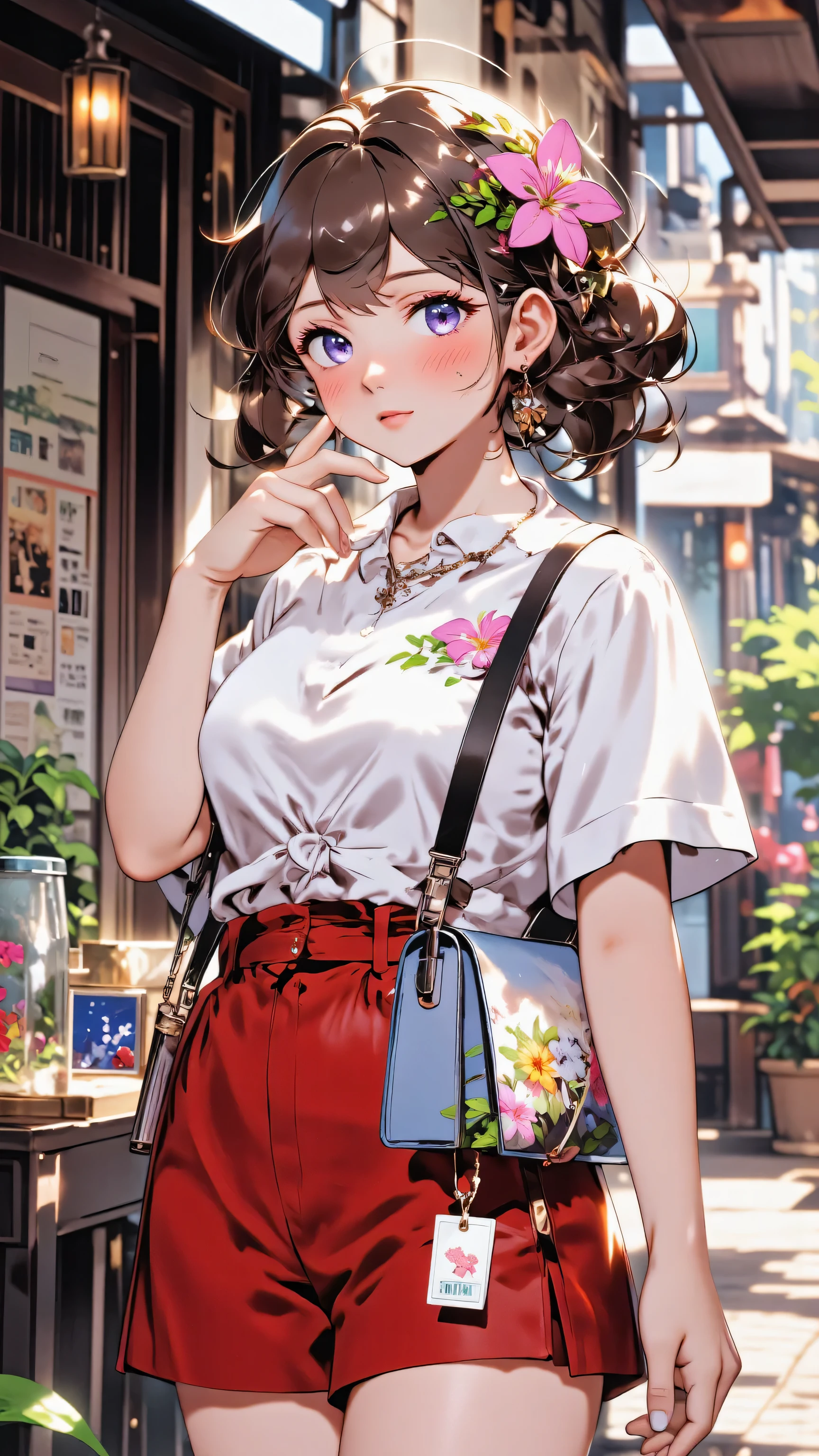 high resolution images in front of the teacher、Funny Women、Attractive Young Woman、flower hair ornament、Japanese Beauties、red short skirt、pink shirt、Disney resort in the background、with lots of souvenirs in hand
