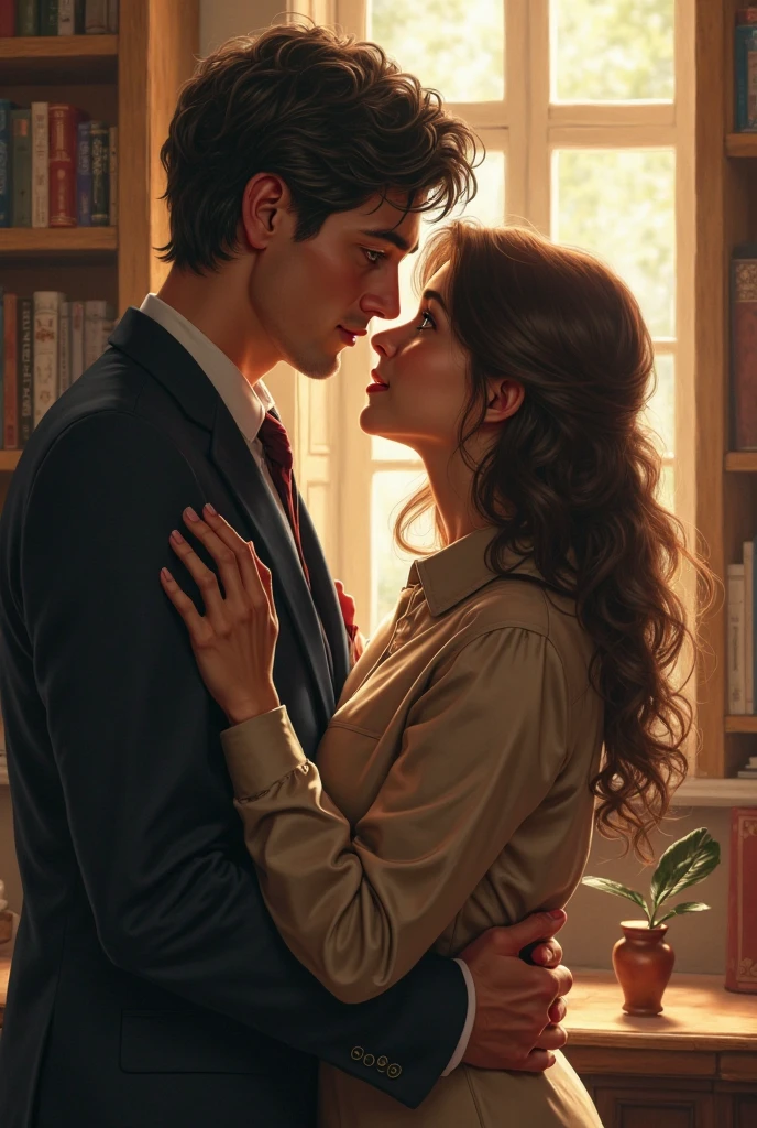 A painting on the wall of a cozy room with calm lighting featuring a painting of a 1950s-style couple embracing