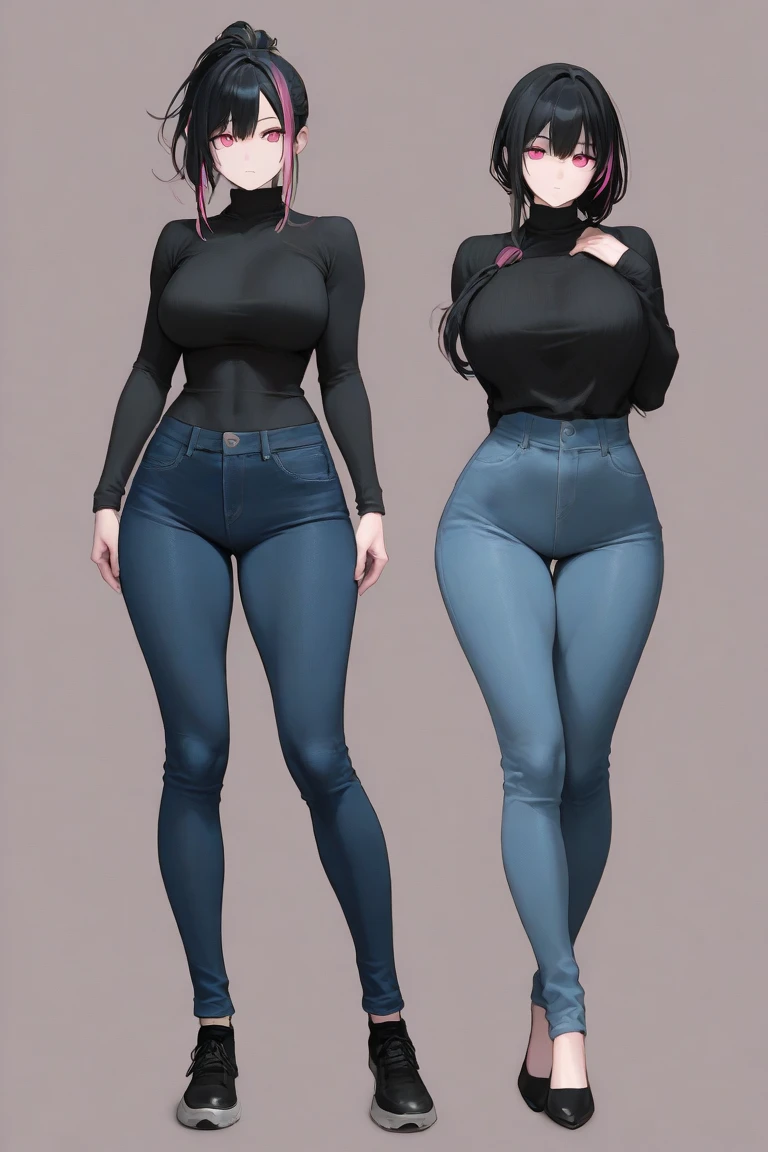 (Curvy:1.8), latina, (1girl), (straight black hair), (wearing skin tight jeans:1.4), (tan skin:1.4, (wide hips), (thick thighs:1.6)