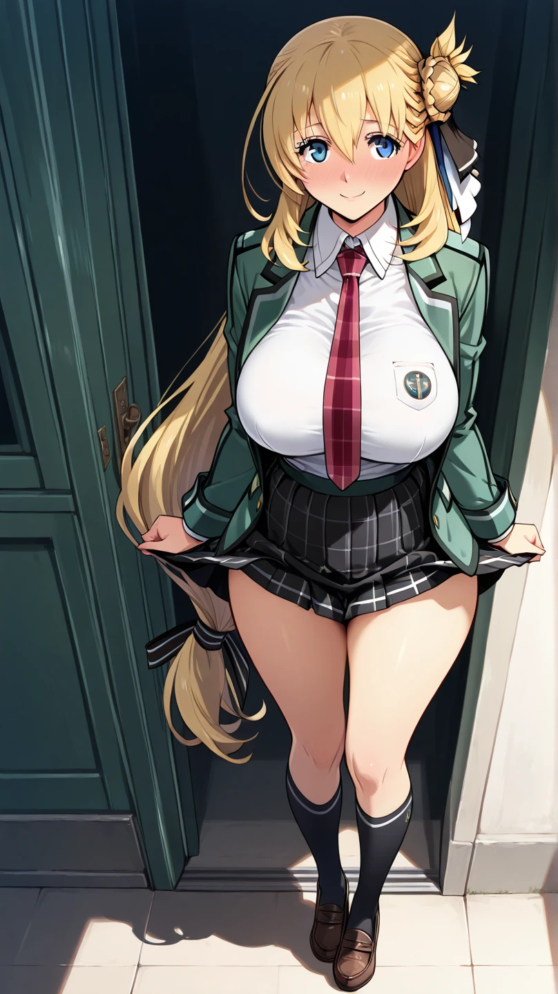 Best quality, solo mature woman, giant breasts, giant ass, very curvy, tanned skin, styled high ponytail, pear green eyes, full lips, seductive, sly smile, exposed white button up, loosen tie, pear green plaid skirt, ribbon in hair, thick thighs, curvy physique