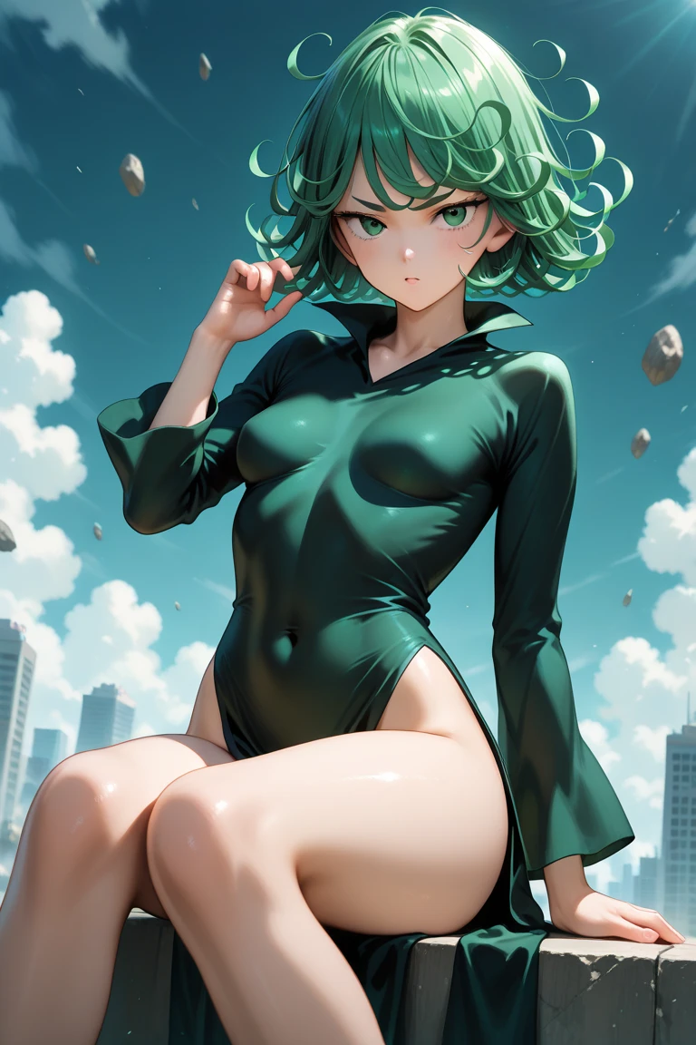 masterpiece, best quality, highres,
TatsuDef, 1girl, solo, green eyes, curly hair, green hair, bangs, blush, flipped hair, short hair, small breasts, thighs,
long sleeves, dress, pelvic curtain, full body, small breasts, black dress, covered navel, highleg, ass visible through thighs, highleg panties, petite, string panties, telekinesis, tatsumaki, one-punch man,
cowboy shot, looking at viewer, arms behind head, arms up, outdoors, grass, on grass, field, forest, sky, night, night sky, star \(sky\), starry sky, <lora:LoRA_Tatsumaki:1>