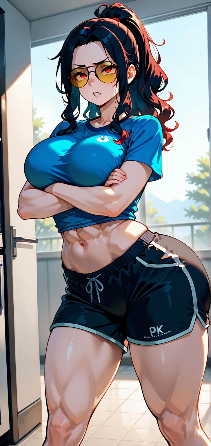 (masterpiece, best quality:1.2), ntrman, 1girl, solo, dolphin shorts, shorts, nipples, big breast, navel, long hair, red hair, black shorts, red eyes, looking at viewer, holding, cowboy shot, midriff, breasts, crop top overhang, short shorts, arm up, parted lips, black hair, indoors, standing, smile, stomach, thighs, bottle, bangs, armpits, sweat