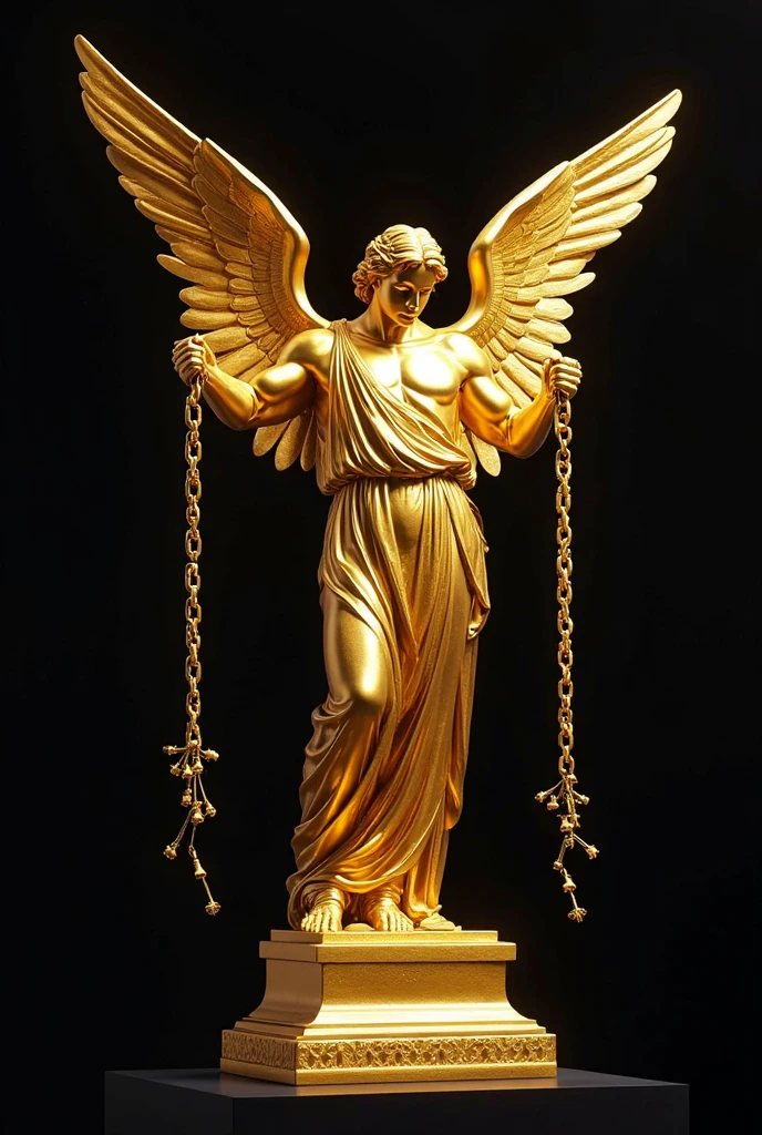 An angel with open wings about to take flight with a laurel wreath in his right hand raising it very high and in his left hand a broken 3-link chain, The statue is covered in gold color, stands out among the clouds.